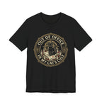 Black Tee with Black cat surrounded by candles and books in a vintage badge reading “Out of Office in My Cat’s Cult”