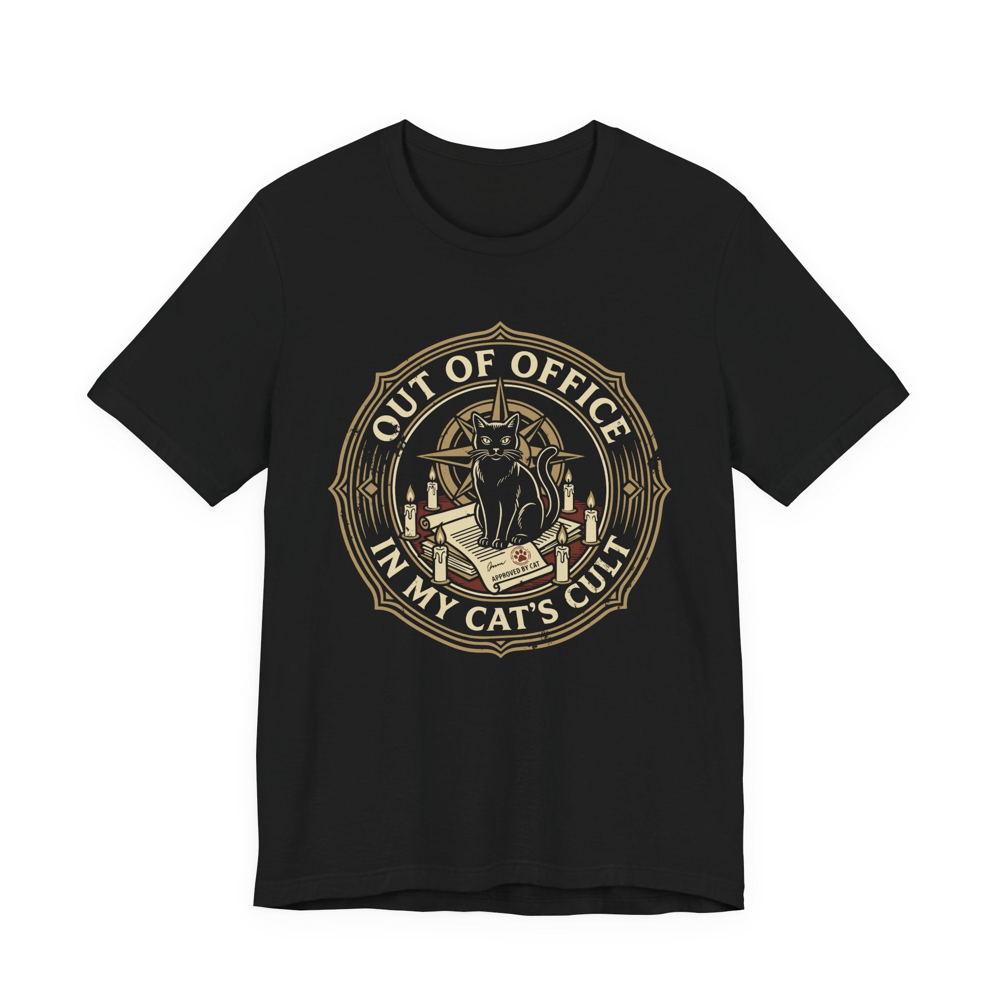 Black Tee with Black cat surrounded by candles and books in a vintage badge reading “Out of Office in My Cat’s Cult”