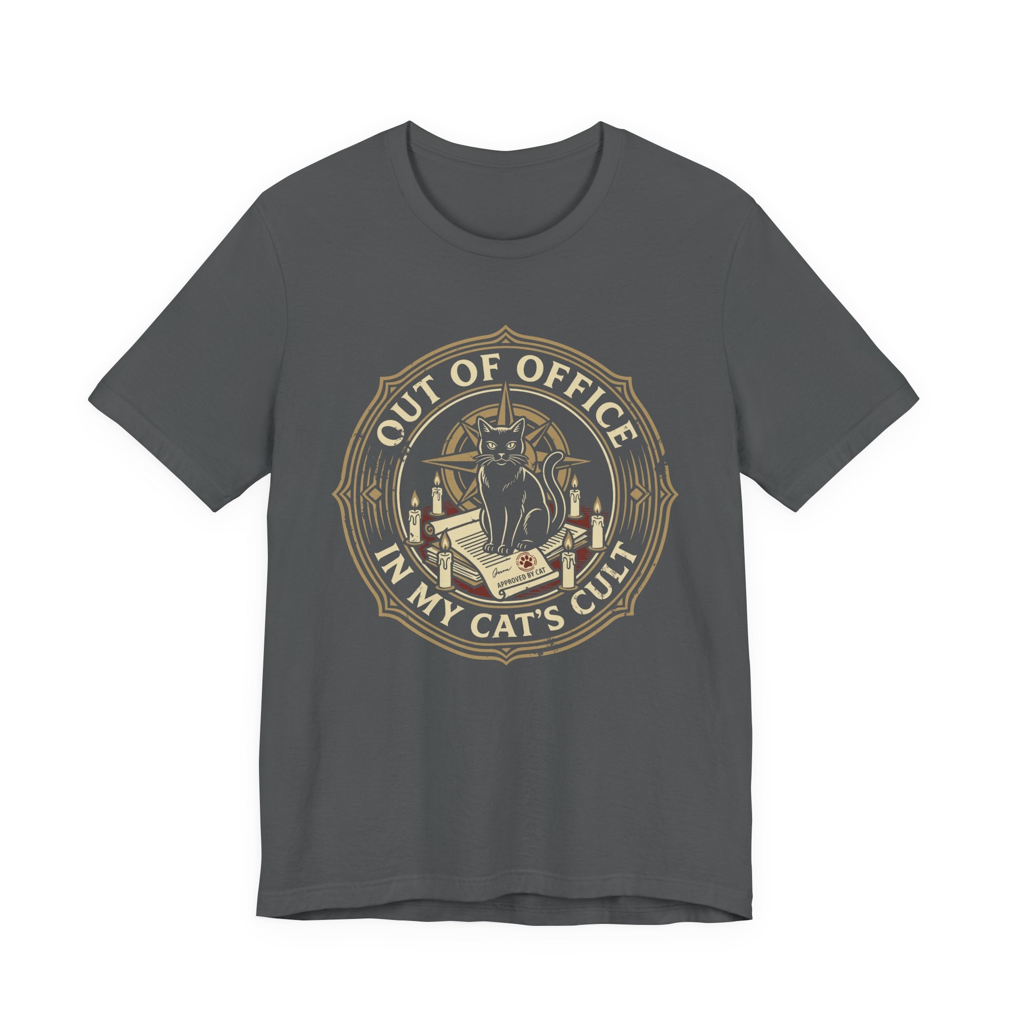 Grey Tee with Black cat surrounded by candles and books in a vintage badge reading “Out of Office in My Cat’s Cult”