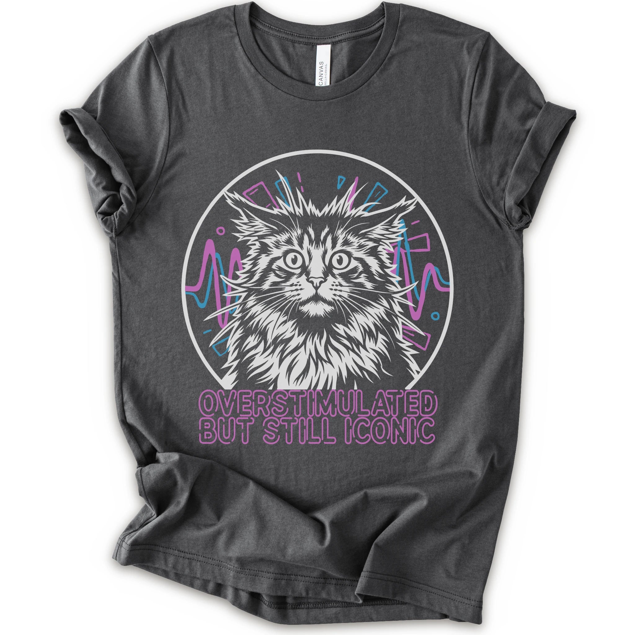 An asphalt short-sleeve crewneck t-shirt featuring a graphic of a white and gray maine con cat inside a circular frame with pink and blue accents, and the text 'OVERSTIMULATED BUT STILL ICONIC' in pink below.