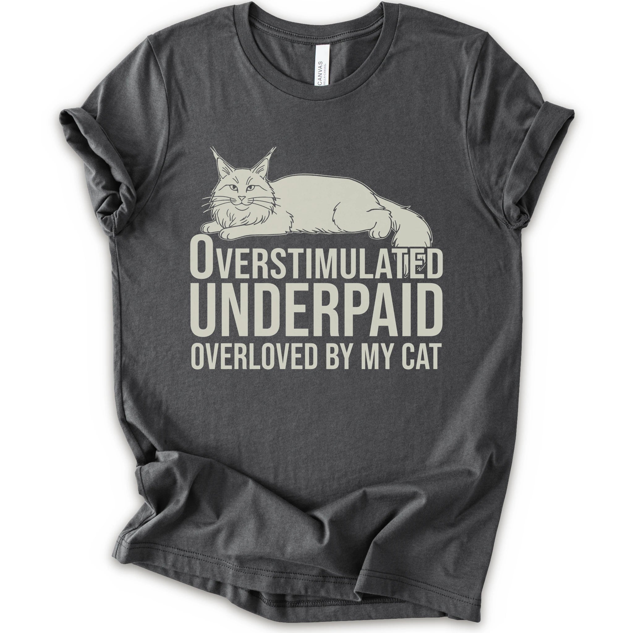 An asphalt short-sleeve crewneck T-shirt with a lounging cat graphic and “Overstimulated, Underpaid, Overloved by My Cat” text.