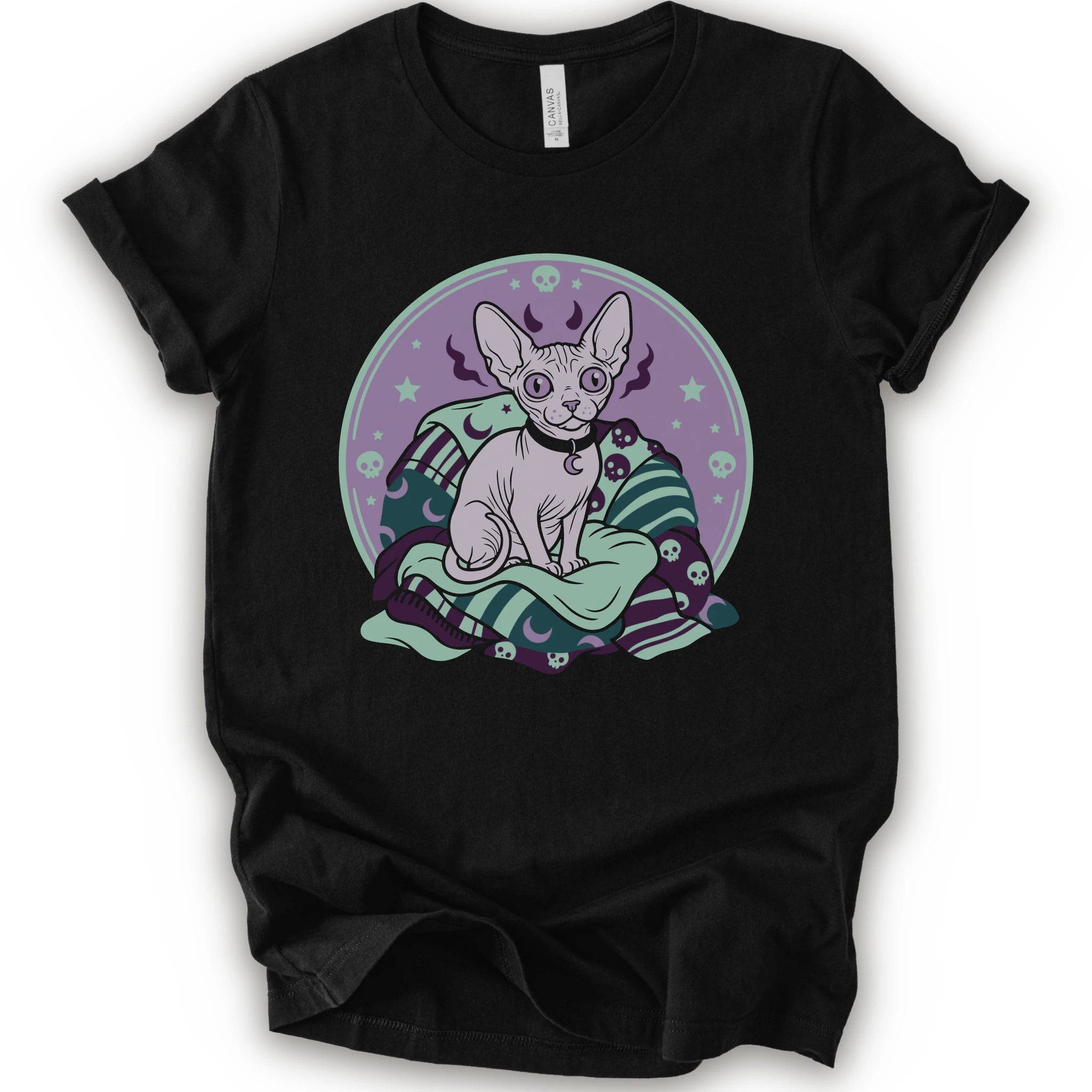 A black short-sleeve crewneck t-shirt featuring a graphic print of a hairless cat sitting on a green and purple patterned blanket inside a purple circular frame.