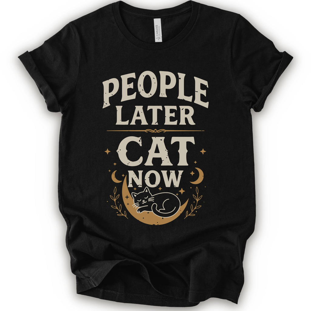 A black short-sleeve crewneck t-shirt with a distressed graphic print that reads 'PEOPLE LATER CAT NOW' in cream and tan lettering, featuring a sleeping cat on a crescent moon with stars and leaves.
