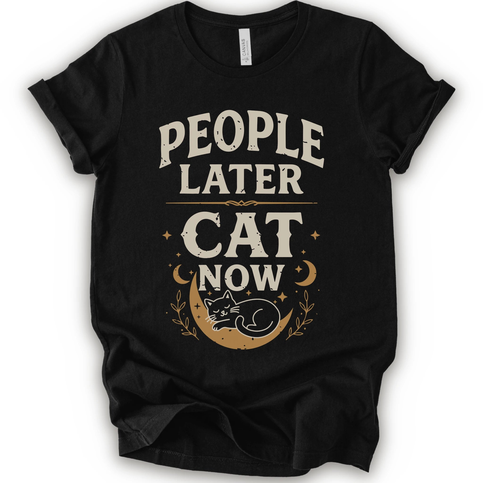 A black short-sleeve crewneck t-shirt with a distressed graphic print that reads 'PEOPLE LATER CAT NOW' in cream and tan lettering, featuring a sleeping cat on a crescent moon with stars and leaves.