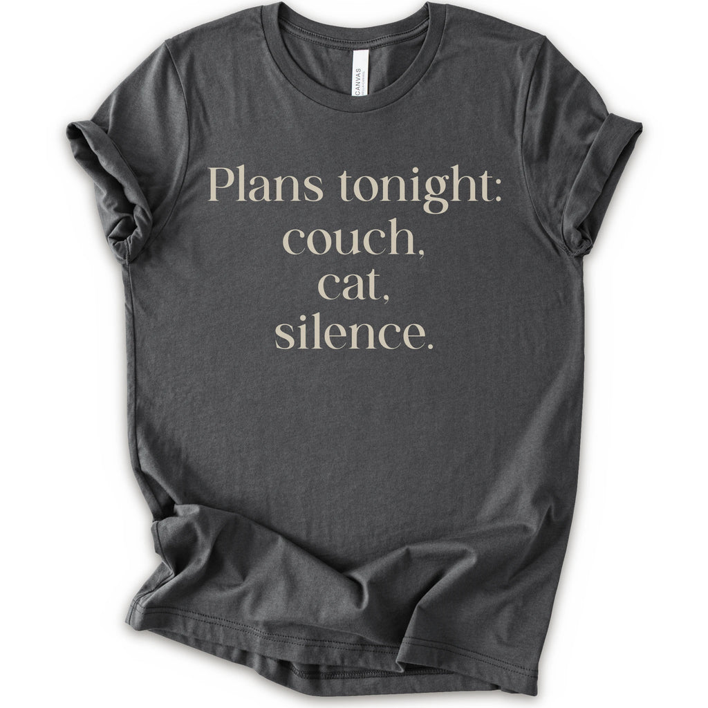 Asphalt graphic t-shirt with text "plans tonight: couch, cat, silence" 