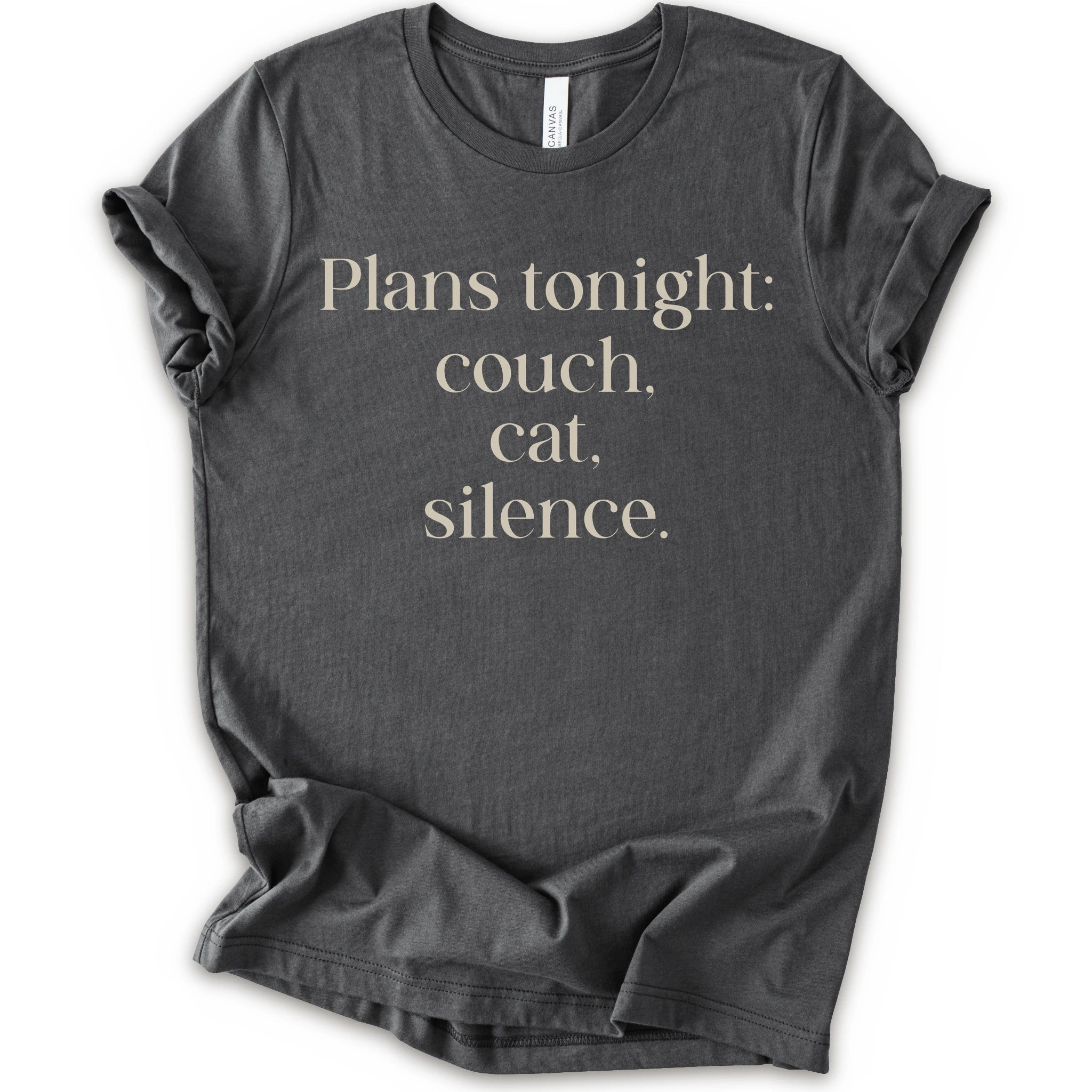 Asphalt graphic t-shirt with text "plans tonight: couch, cat, silence" 
