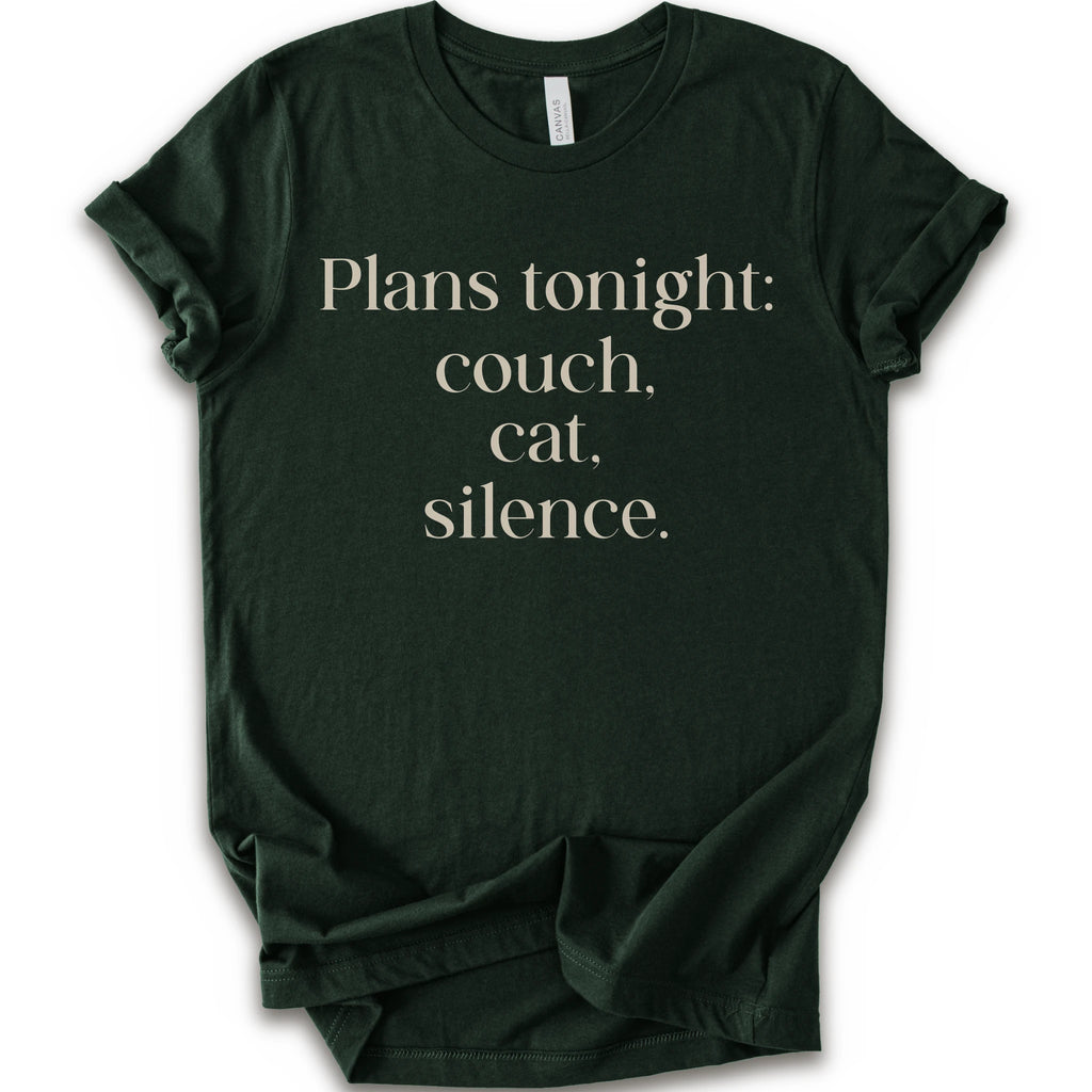 Forest graphic t-shirt with text "plans tonight: couch, cat, silence" 