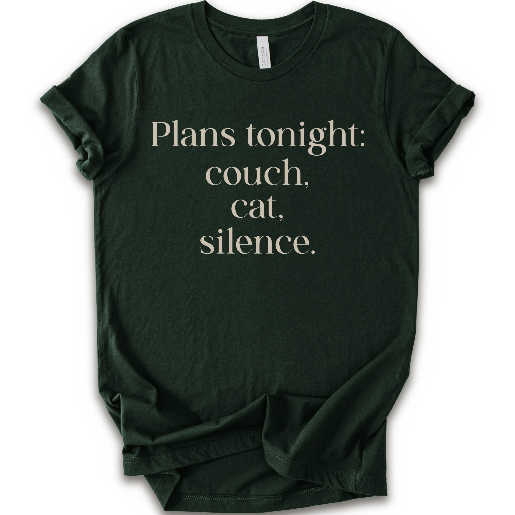 Forest graphic t-shirt with text "plans tonight: couch, cat, silence" 
