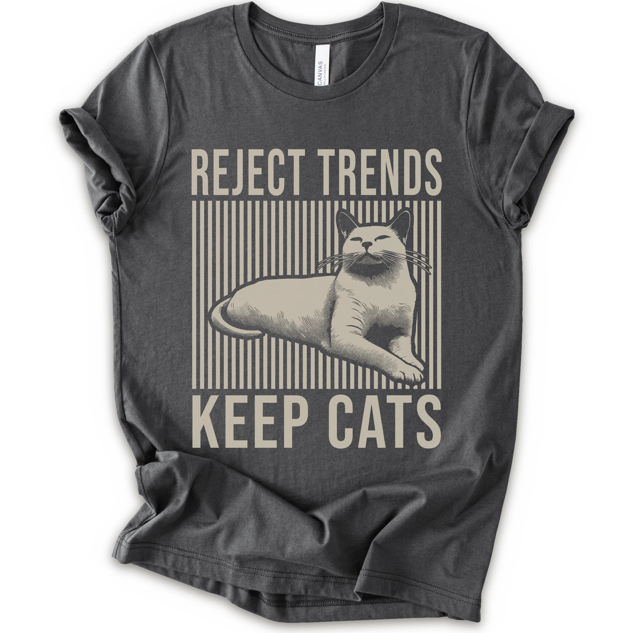 A asphalt short-sleeve t-shirt with a vintage-style graphic featuring a cat and the text 'REJECT TRENDS KEEP CATS' in beige.