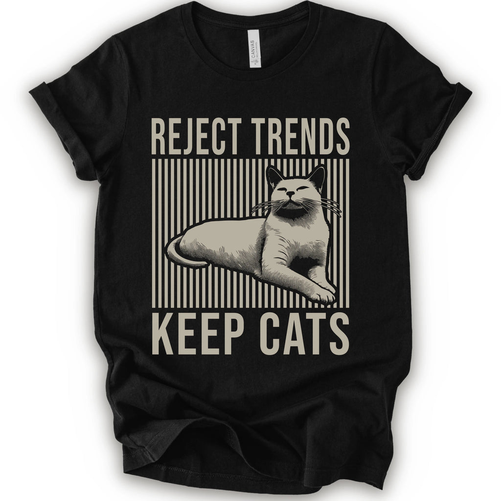 A black short-sleeve t-shirt with a vintage-style graphic featuring a cat and the text 'REJECT TRENDS KEEP CATS' in beige.