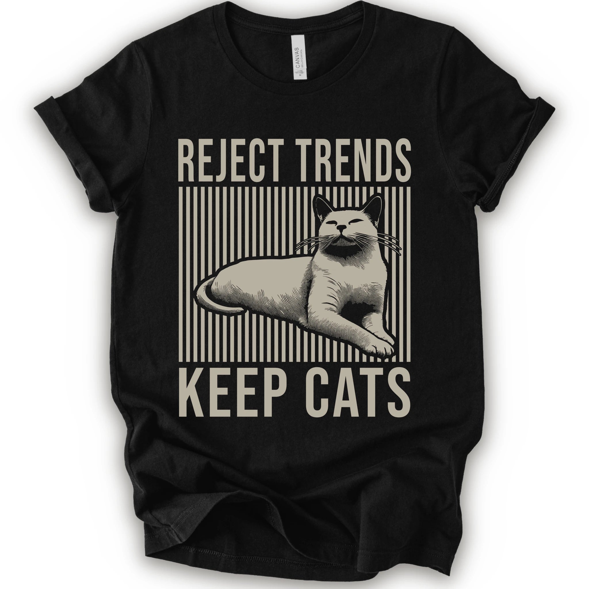 A black short-sleeve t-shirt with a vintage-style graphic featuring a cat and the text 'REJECT TRENDS KEEP CATS' in beige.