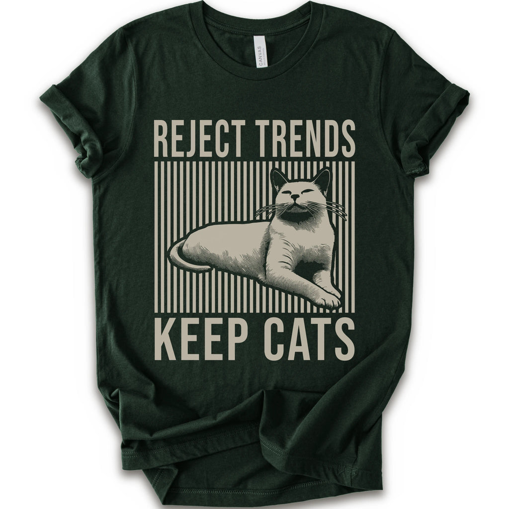 A forest short-sleeve t-shirt with a vintage-style graphic featuring a cat and the text 'REJECT TRENDS KEEP CATS' in beige.