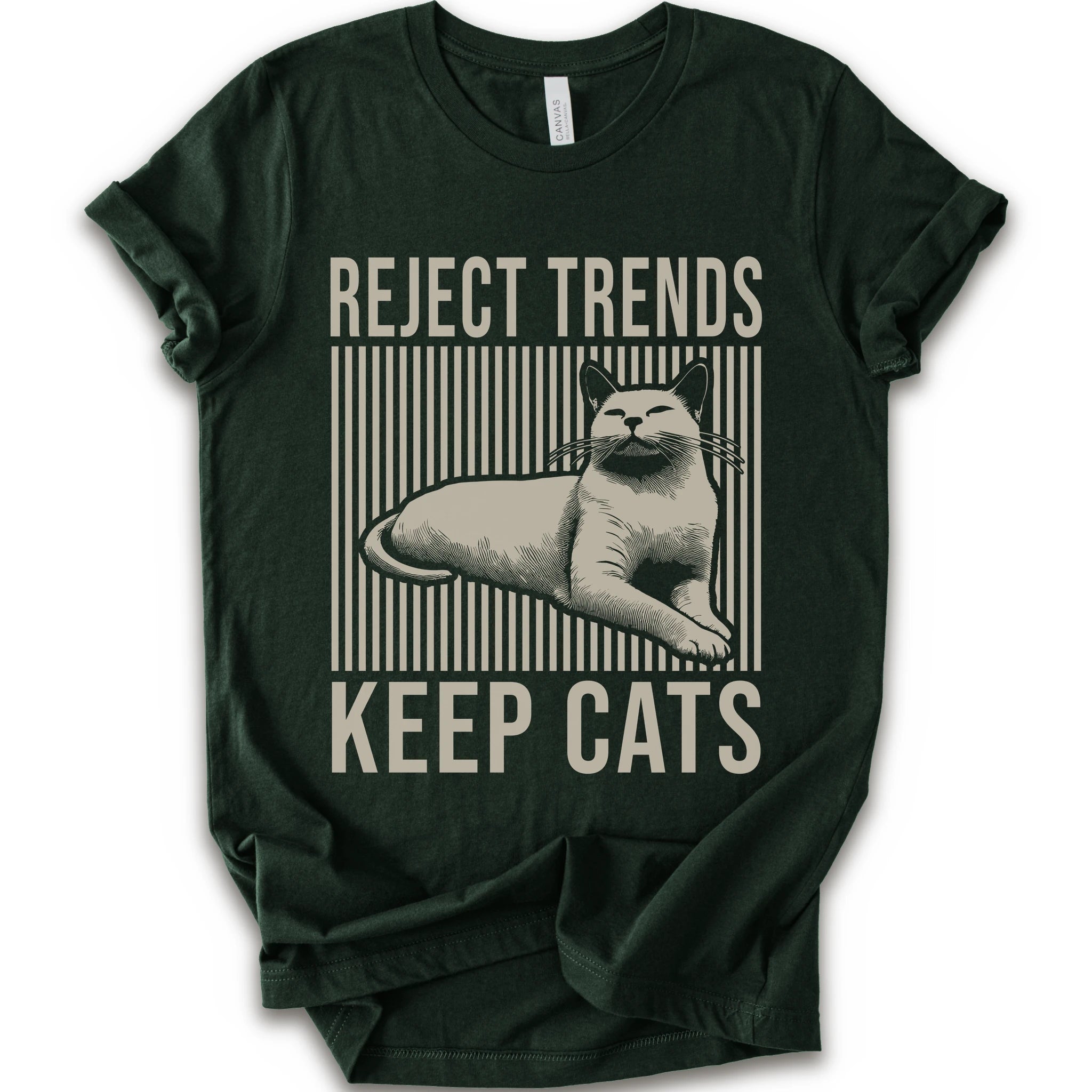 A forest short-sleeve t-shirt with a vintage-style graphic featuring a cat and the text 'REJECT TRENDS KEEP CATS' in beige.