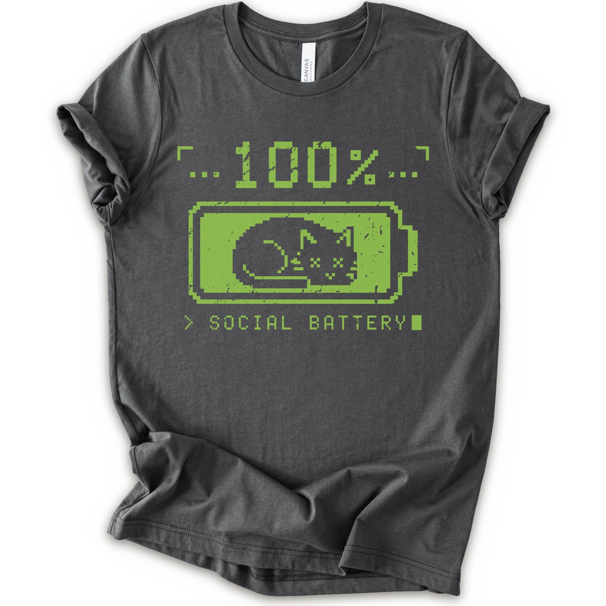 A asphalt t-shirt with a green pixel-art graphic of a sleeping cat inside a battery icon, with the text '100% SOCIAL BATTERY'.