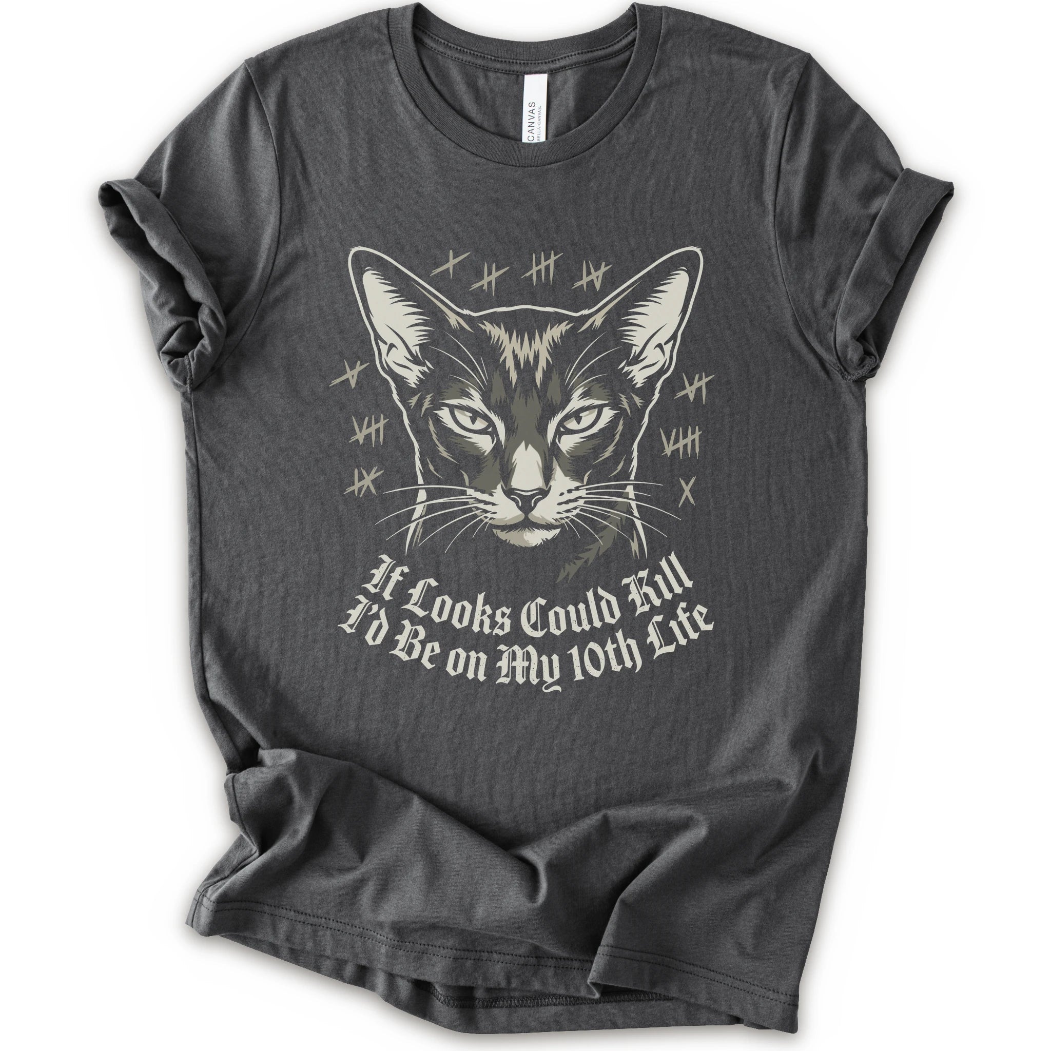 A asphalt short-sleeve crewneck t-shirt featuring a graphic print of a cat's face with tally marks and the text 'It Looks Could Fill I'd Be on My 10th Life' in a white gothic font.