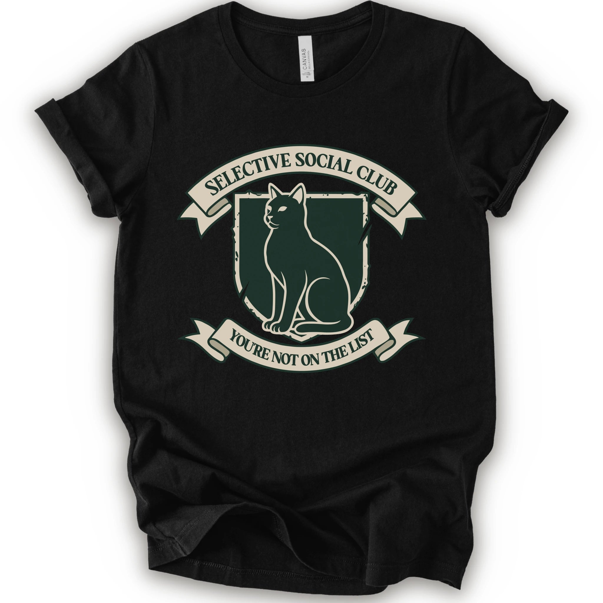 A black short-sleeve crewneck t-shirt with a distressed graphic of a cat inside a crest, surrounded by banners reading 'SELECTIVE SOCIAL CLUB' and 'YOU'RE NOT ON THE LIST'.