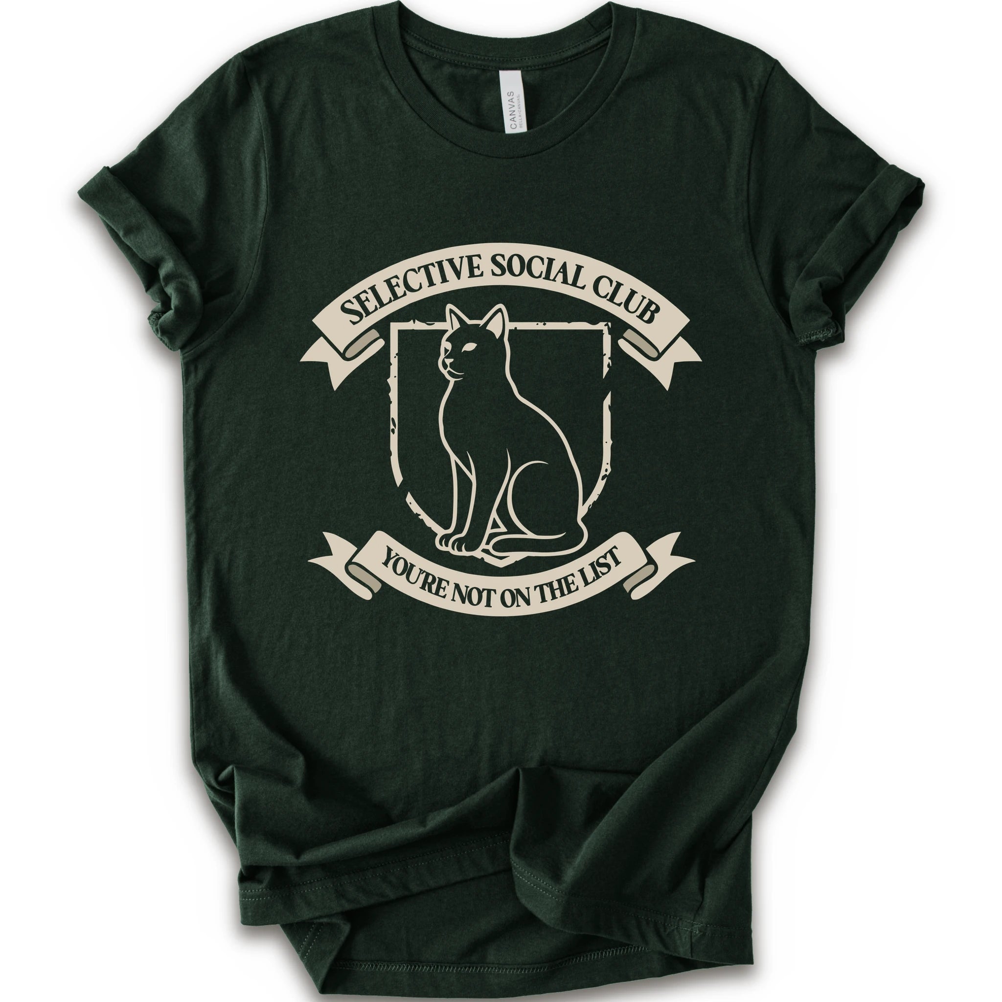 A forest short-sleeve crewneck t-shirt with a distressed graphic of a cat inside a crest, surrounded by banners reading 'SELECTIVE SOCIAL CLUB' and 'YOU'RE NOT ON THE LIST'.