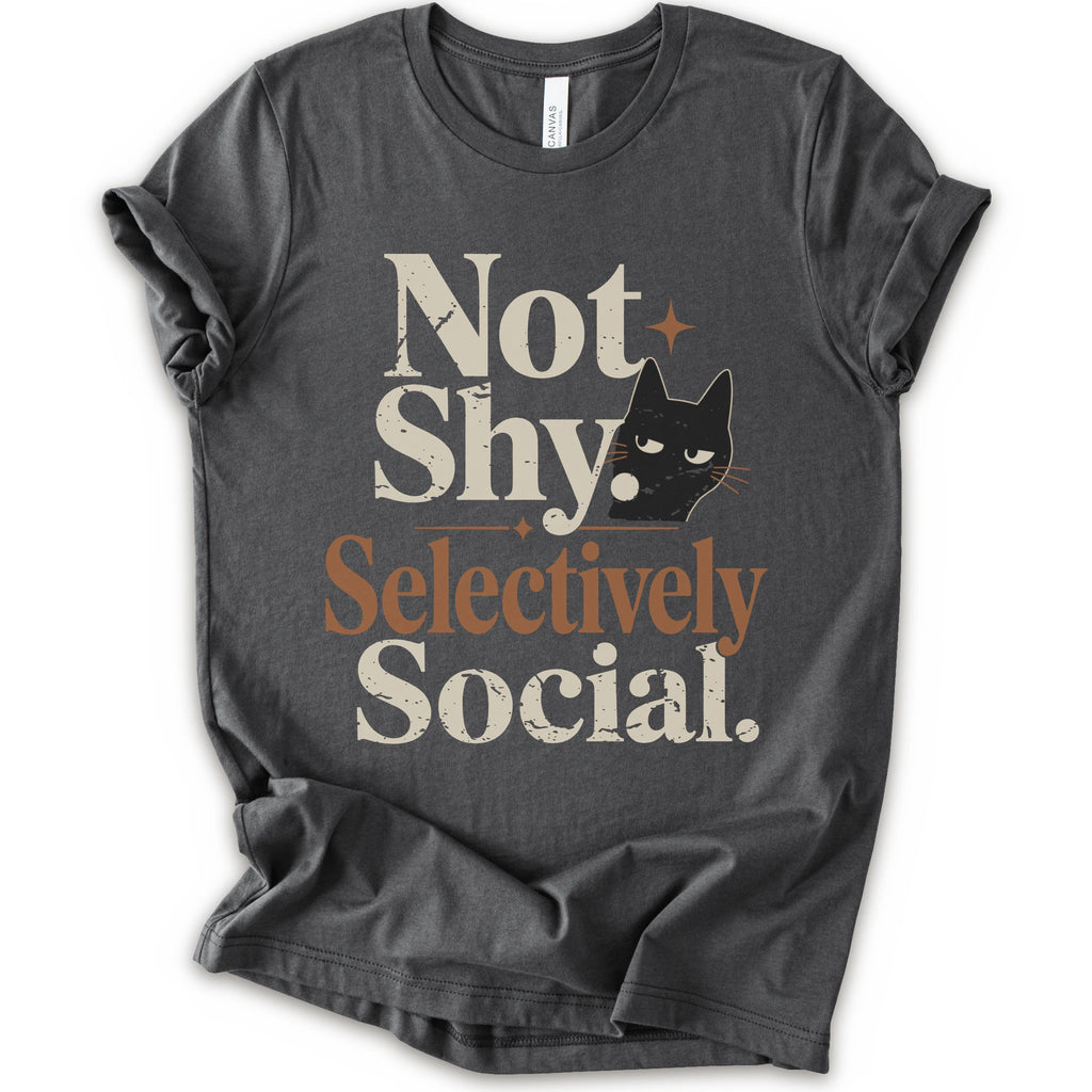 Asphalt graphic t-shirt with a retro-style graphic on the front that reads 'Not Shy. Selectively Social.
