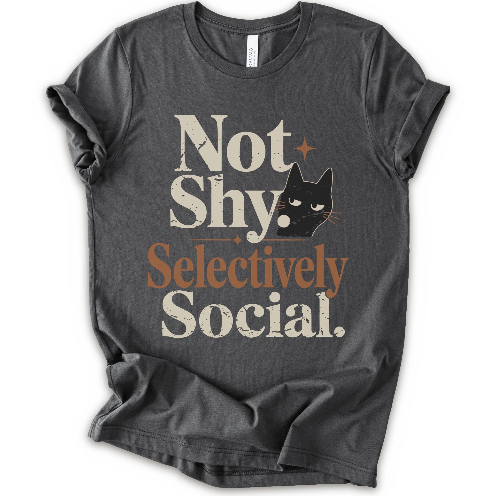 Asphalt graphic t-shirt with a retro-style graphic on the front that reads 'Not Shy. Selectively Social.