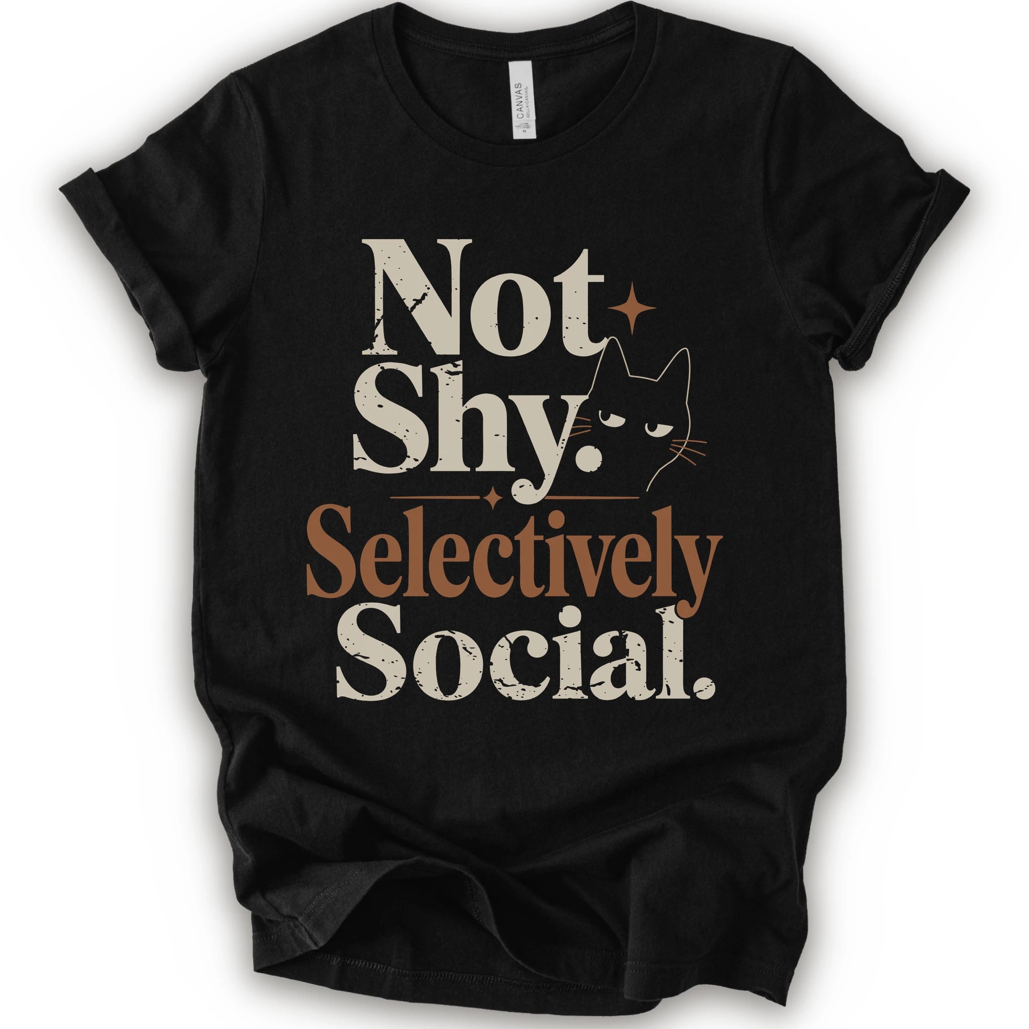 Black graphic t-shirt with a retro-style graphic on the front that reads 'Not Shy. Selectively Social.