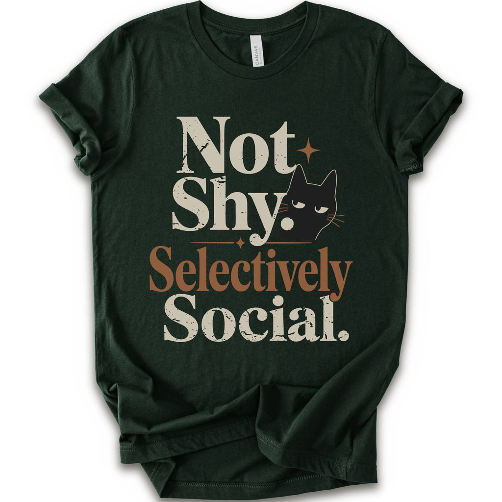 Forest graphic t-shirt with a retro-style graphic on the front that reads 'Not Shy. Selectively Social.