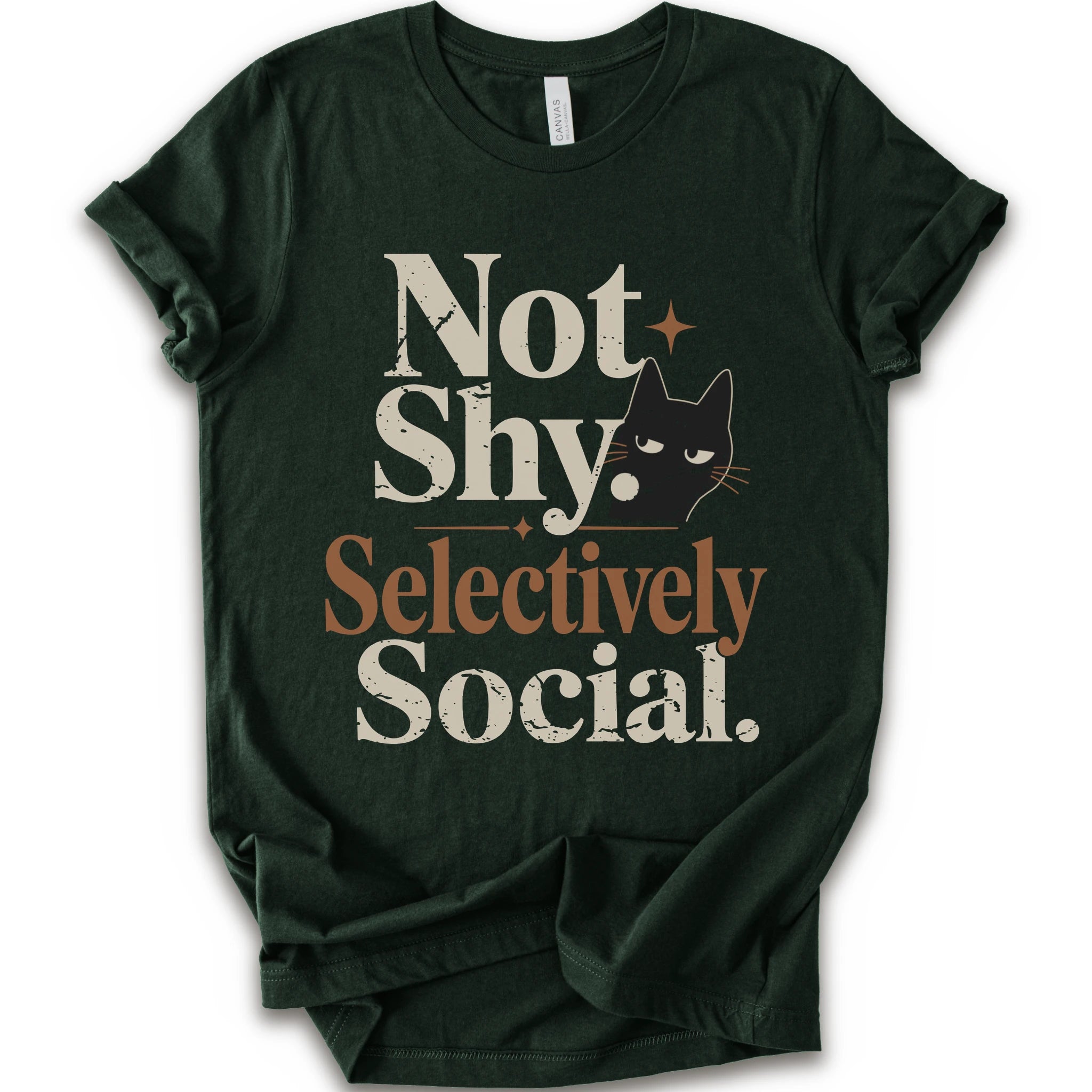 Forest graphic t-shirt with a retro-style graphic on the front that reads 'Not Shy. Selectively Social.