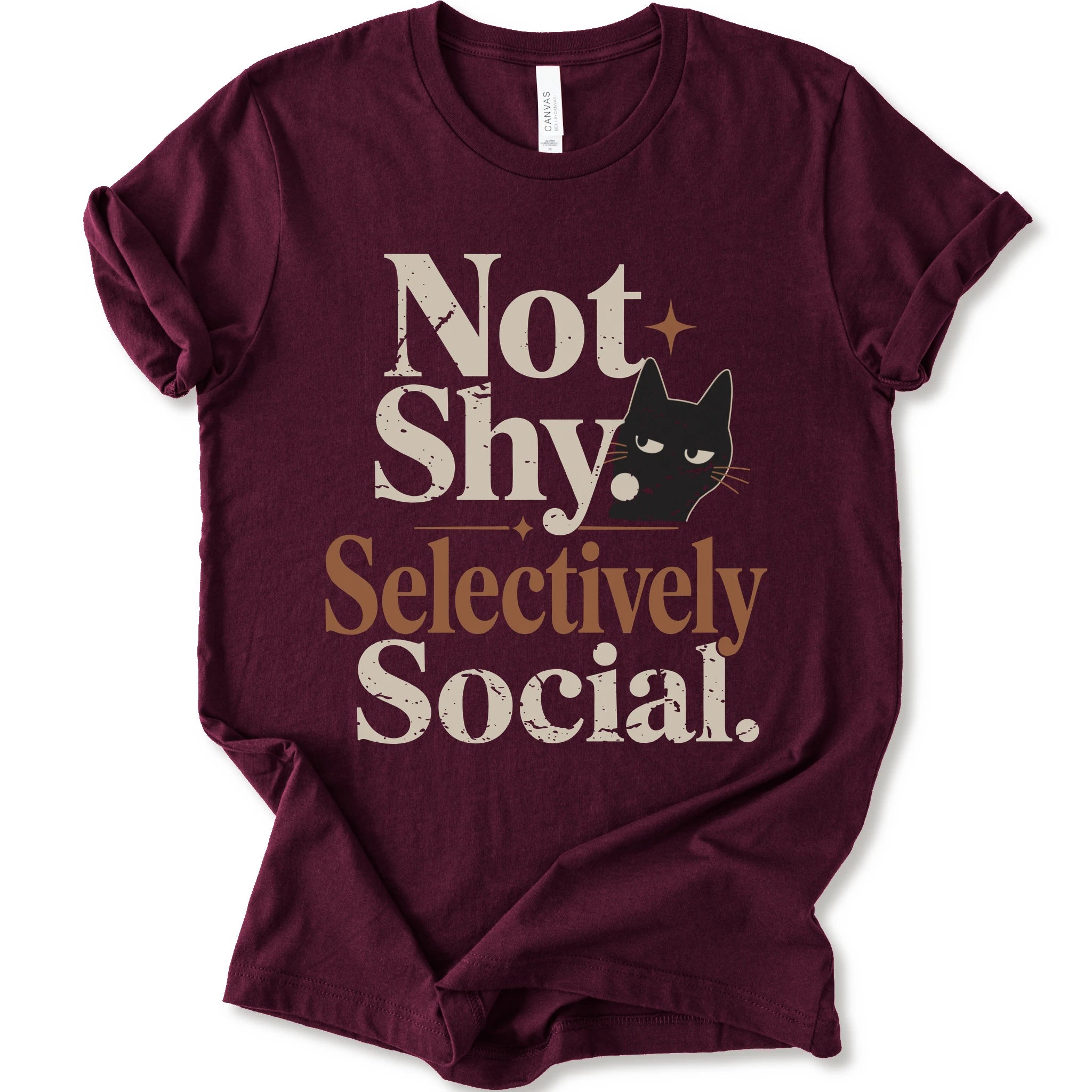Maroon graphic t-shirt with a retro-style graphic on the front that reads 'Not Shy. Selectively Social.