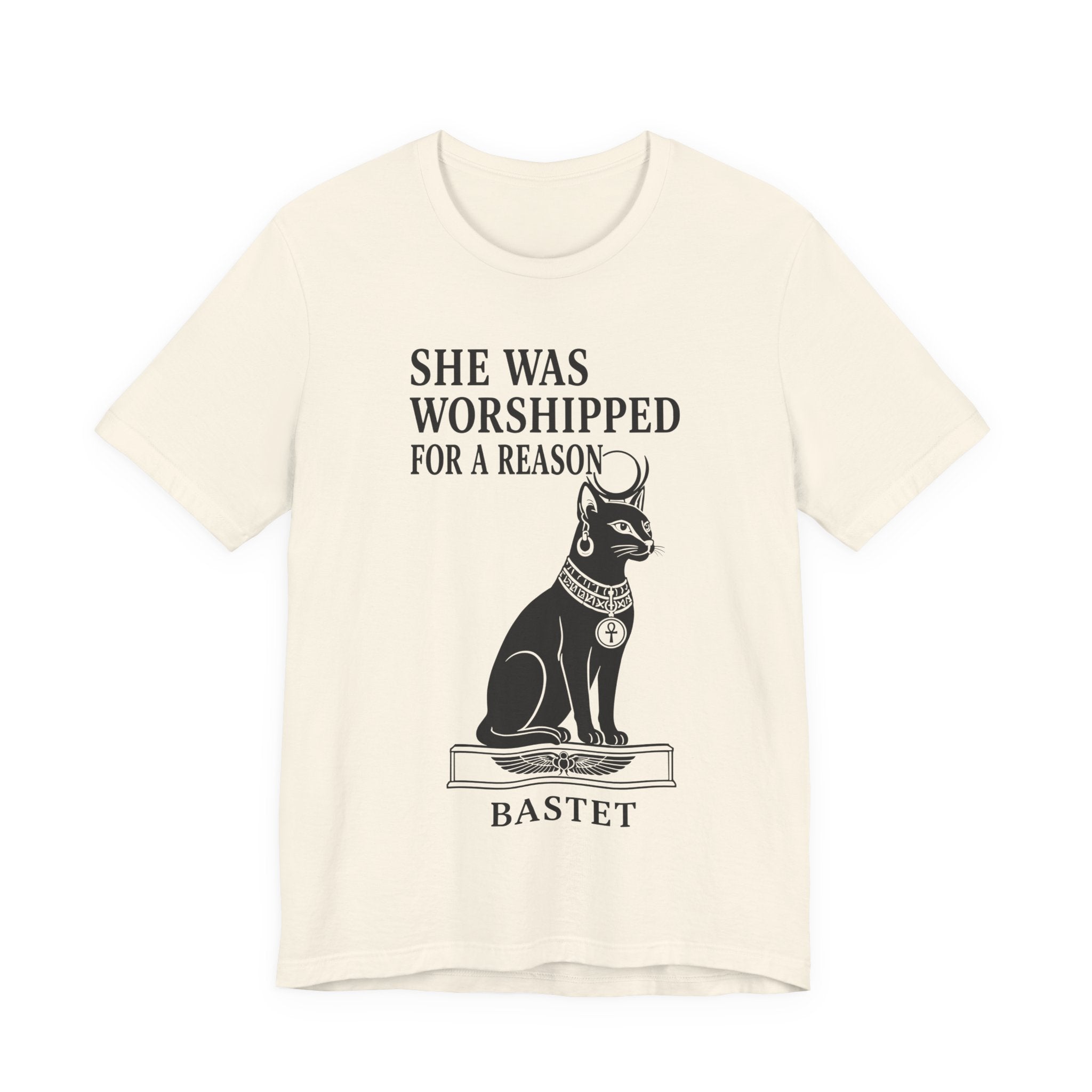 Natural Tee with Black Bastet cat with ankh pendant, Egyptian pedestal, and the text She Was Worshipped for a Reason