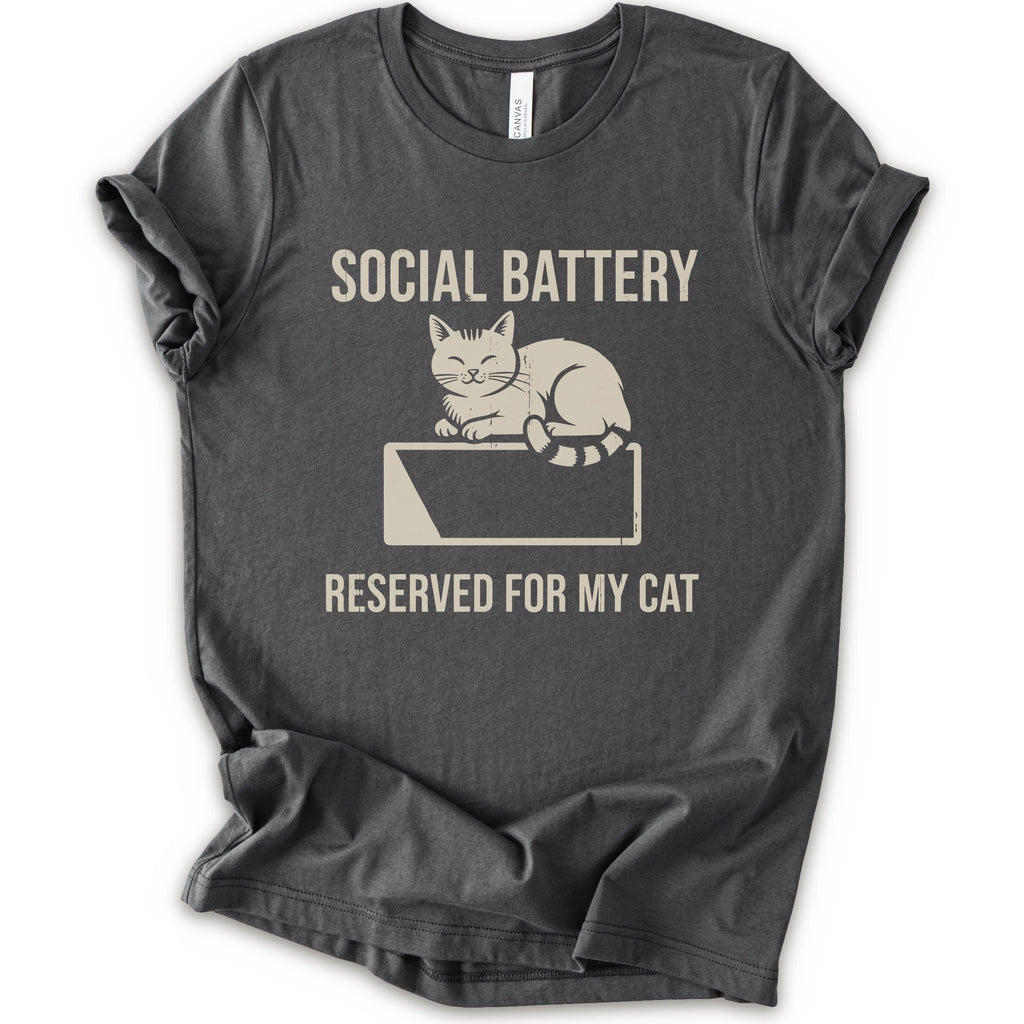 An asphalt short-sleeve crewneck T-shirt with a cat on a low battery graphic and “Social Battery Reserved for My Cat” text.