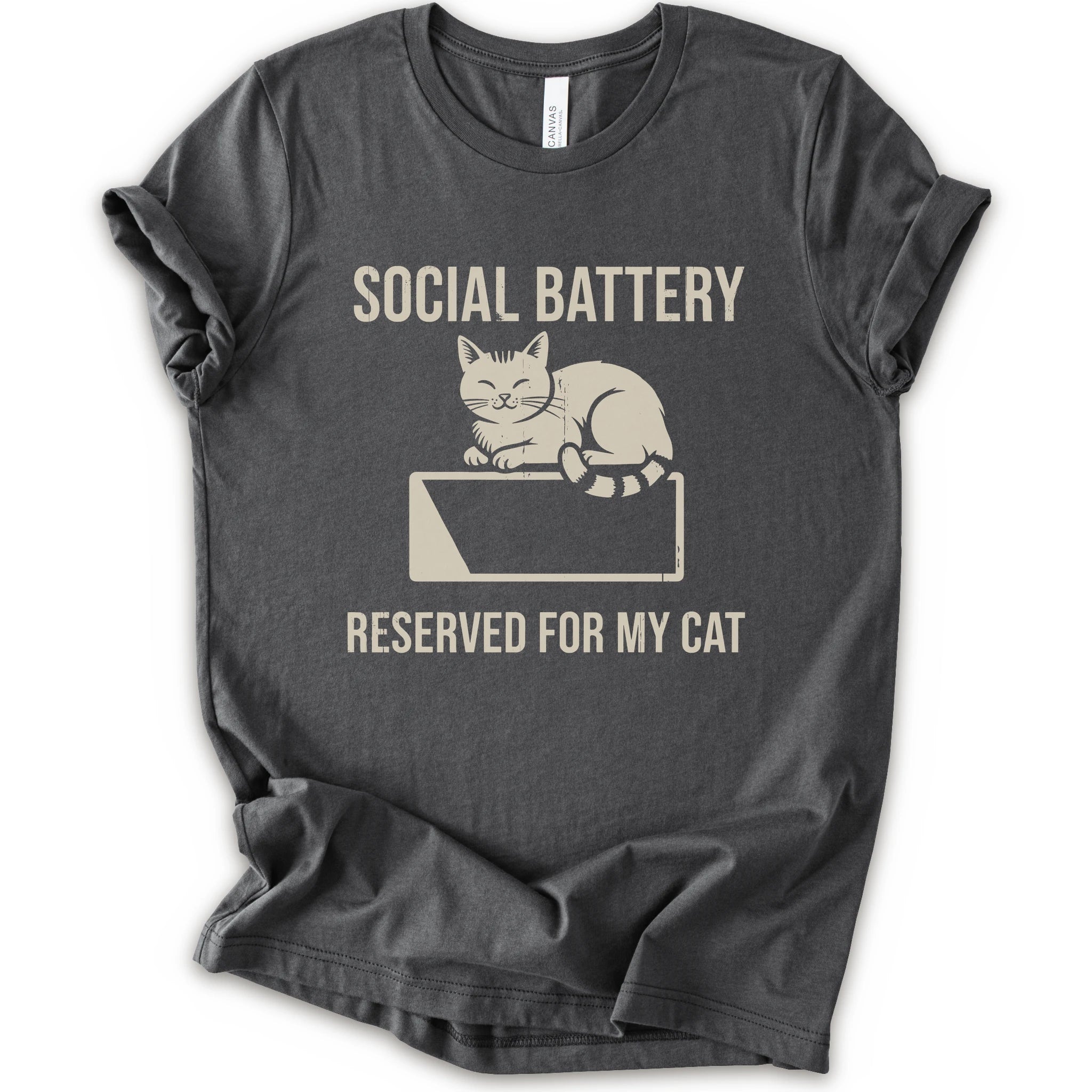 An asphalt short-sleeve crewneck T-shirt with a cat on a low battery graphic and “Social Battery Reserved for My Cat” text.