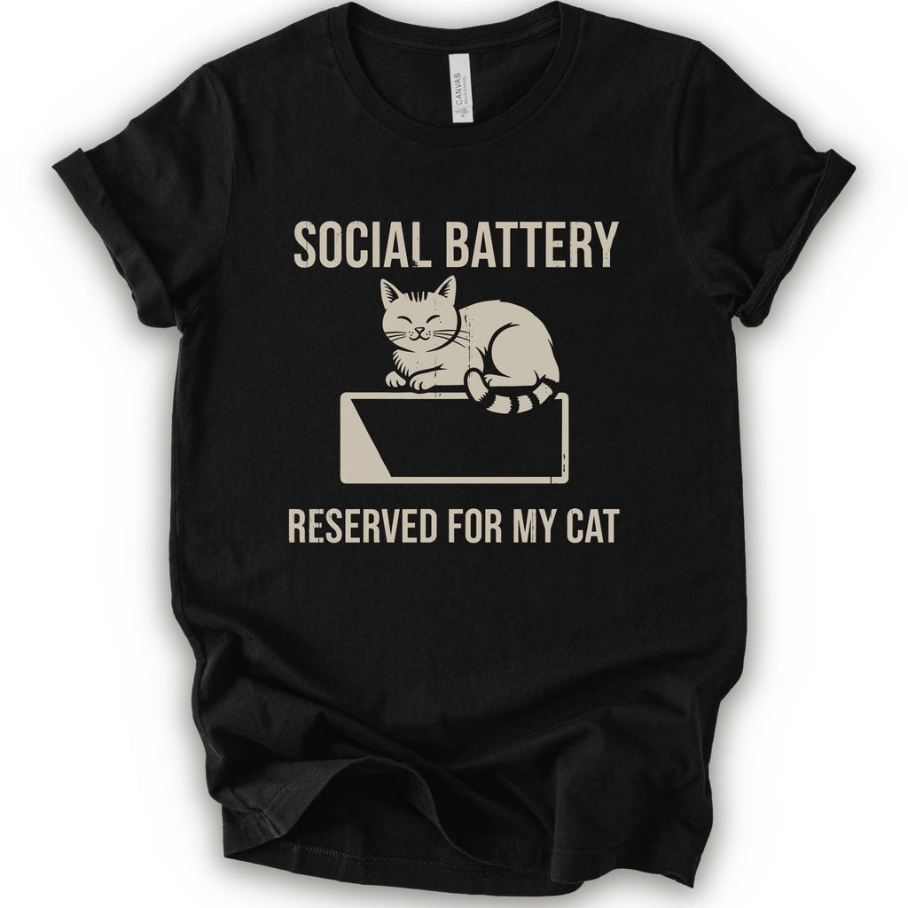 A black short-sleeve crewneck T-shirt with a cat on a low battery graphic and “Social Battery Reserved for My Cat” text.