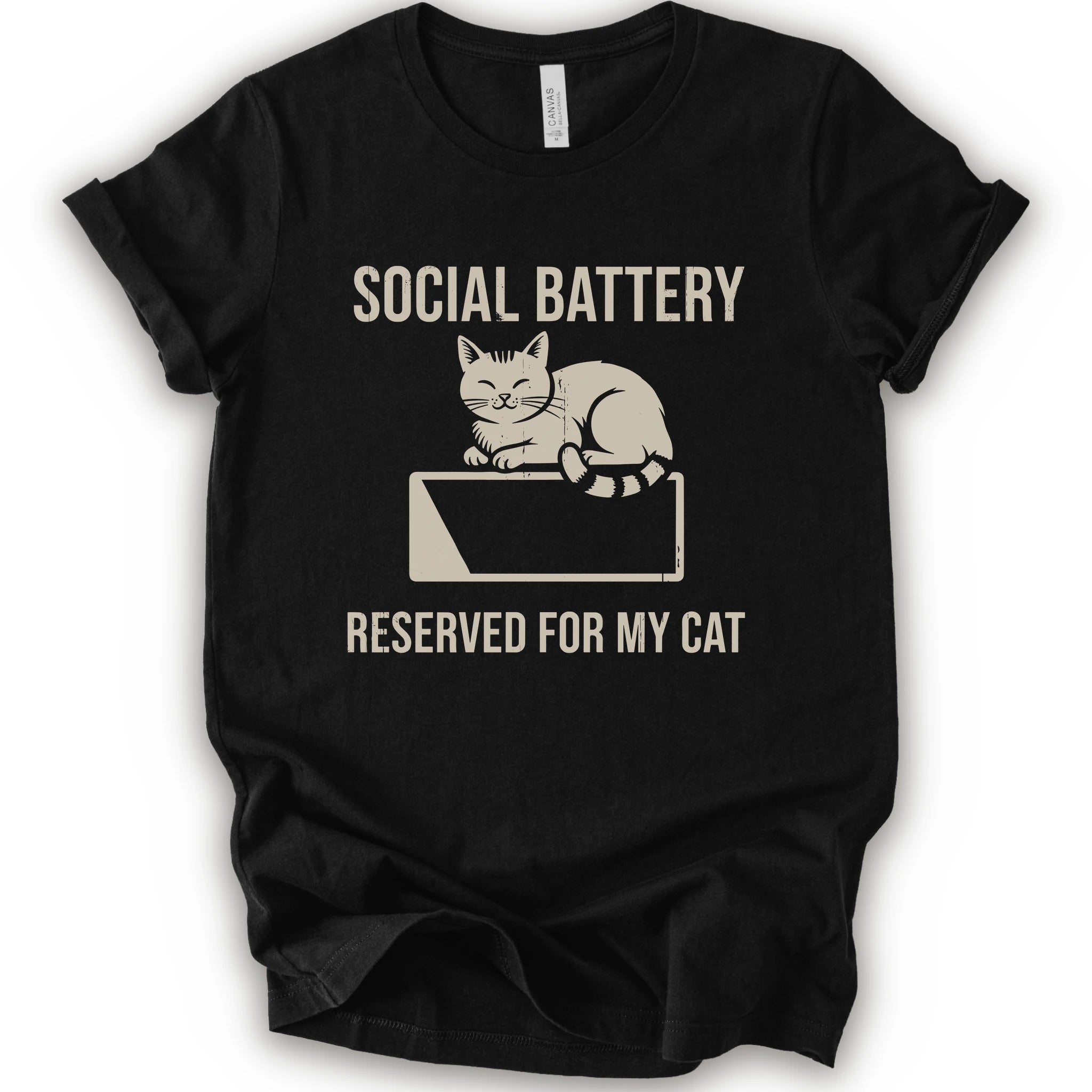 A black short-sleeve crewneck T-shirt with a cat on a low battery graphic and “Social Battery Reserved for My Cat” text.