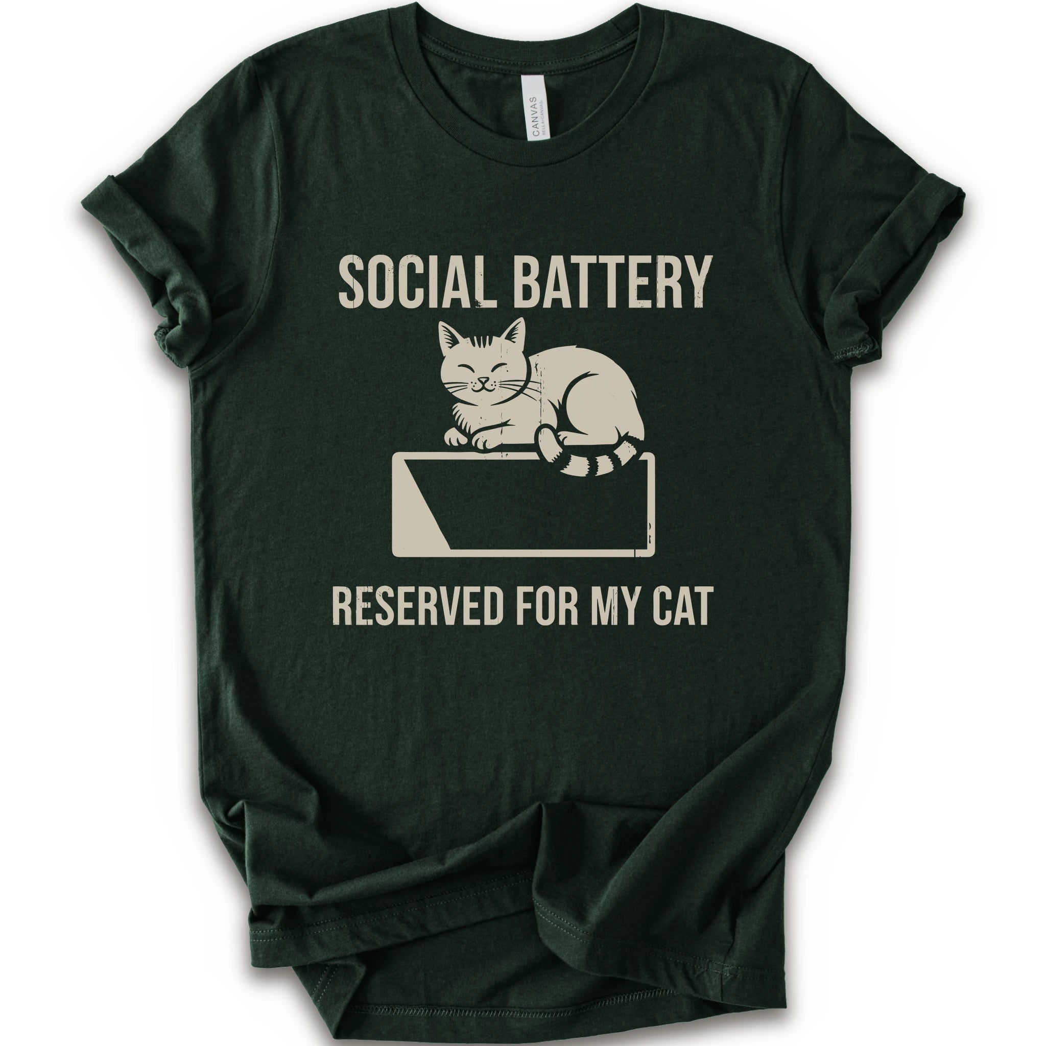 A forest short-sleeve crewneck T-shirt with a cat on a low battery graphic and “Social Battery Reserved for My Cat” text.