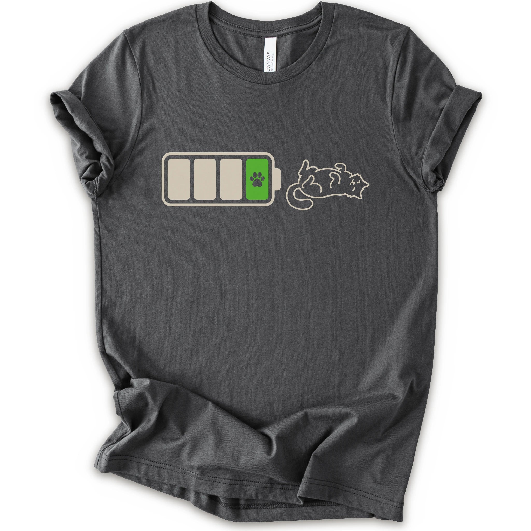 A asphalt short-sleeve crewneck t-shirt featuring a graphic of a battery with three bars, a green battery cell with a black paw print, and a white line-art illustration of a sleeping cat.