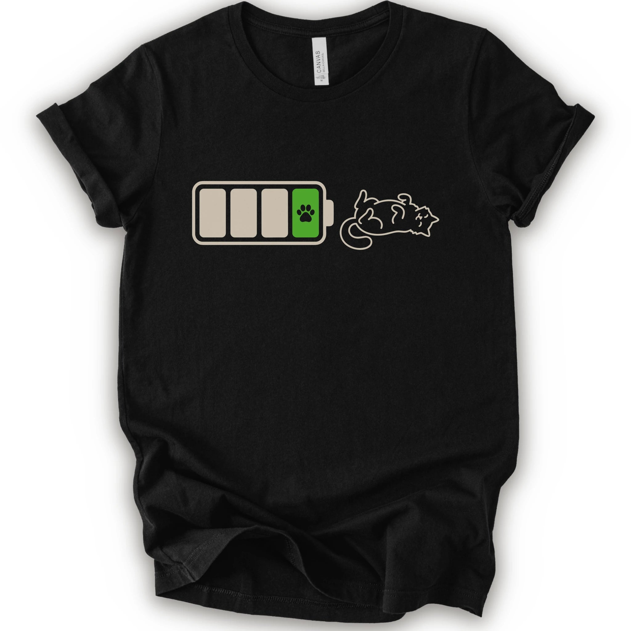 A black short-sleeve crewneck t-shirt featuring a graphic of a battery with three bars, a green battery cell with a black paw print, and a white line-art illustration of a sleeping cat.