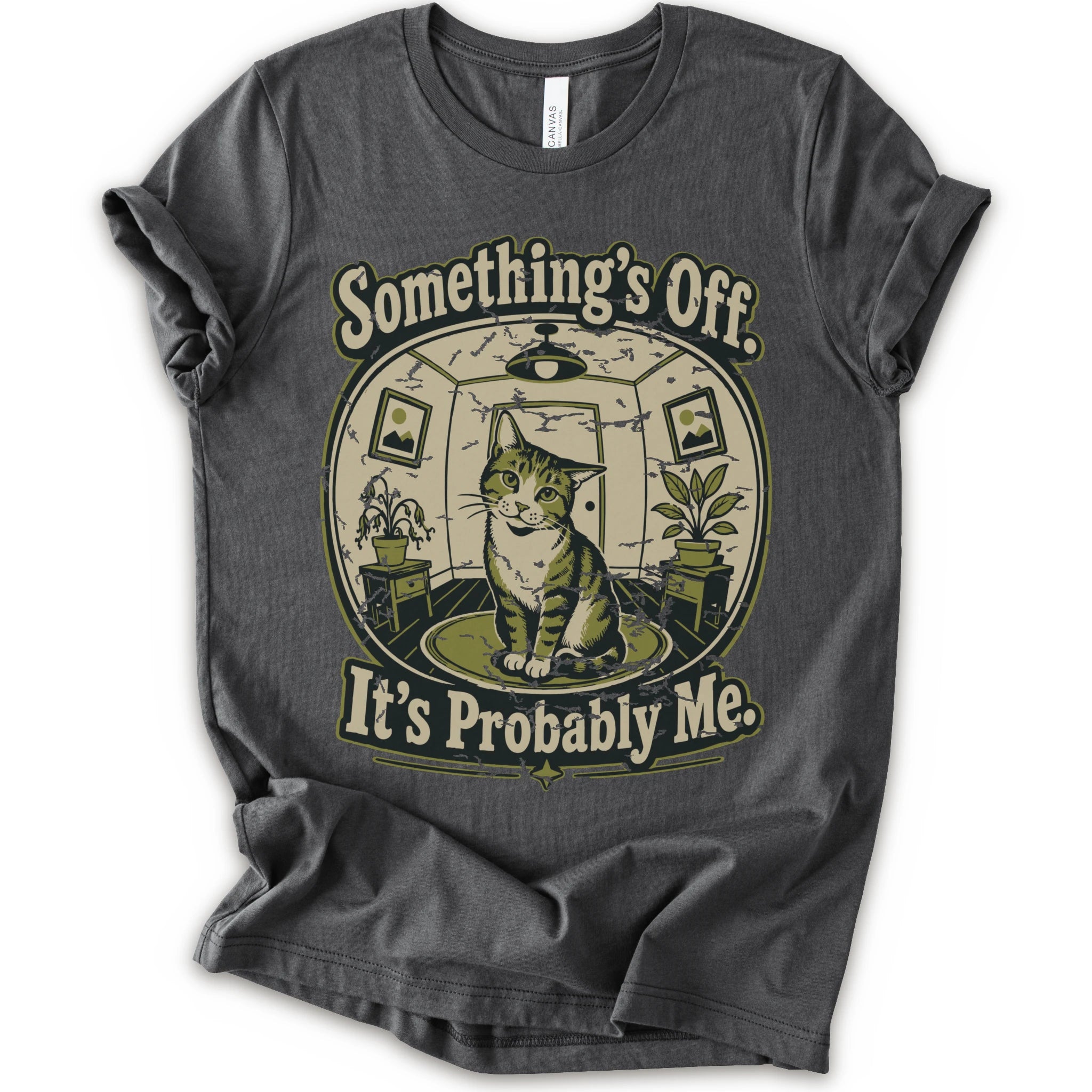 An asphalt short-sleeve crewneck t-shirt with a vintage-style graphic of a cat in a hat inside a circular room, with the text 'Something's Off. It's Probably Me.