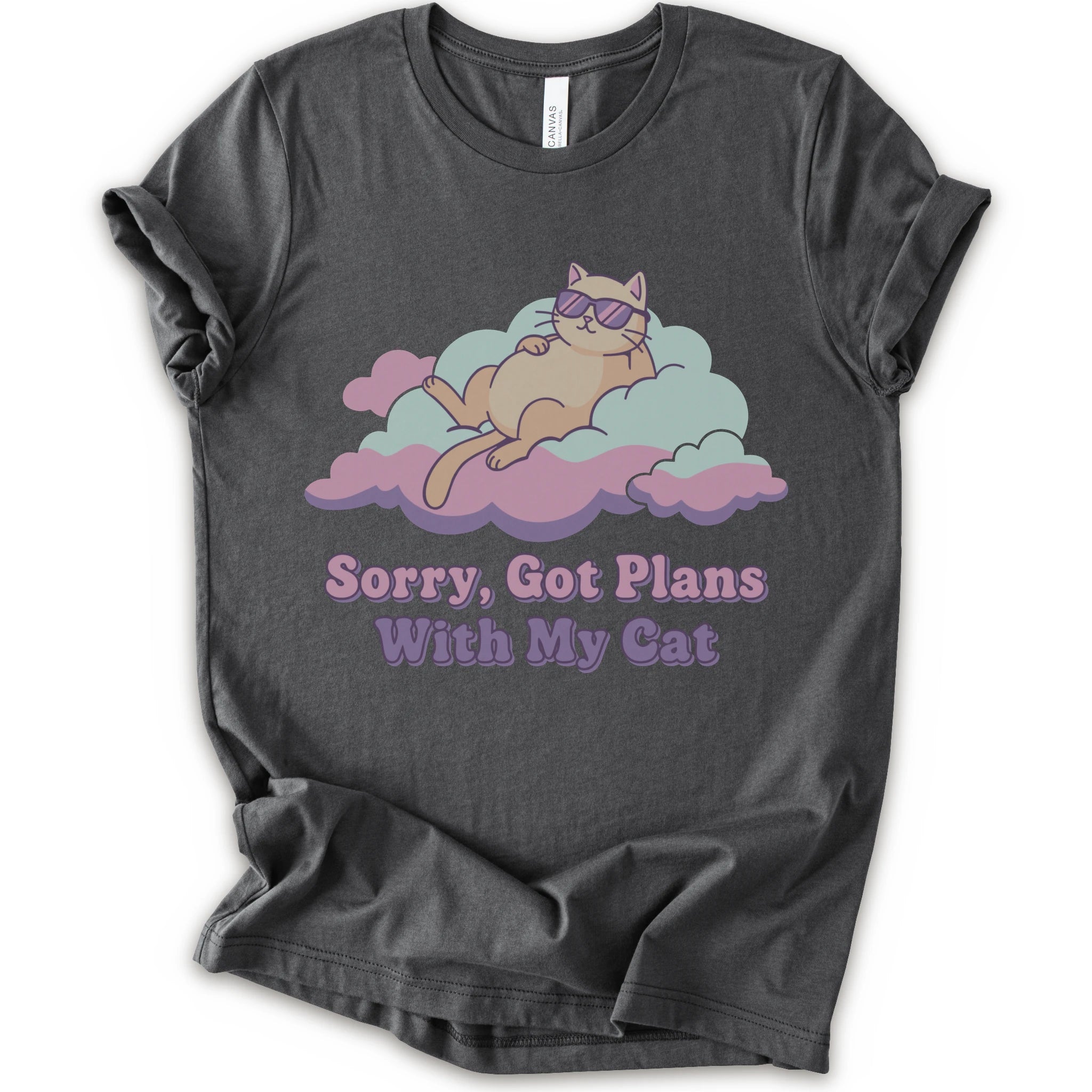 A asphalt short-sleeve t-shirt with a graphic of a sleeping orange cat wearing sunglasses on pink and light blue clouds, with the text 'Sorry, Got Plans With My Cat'.