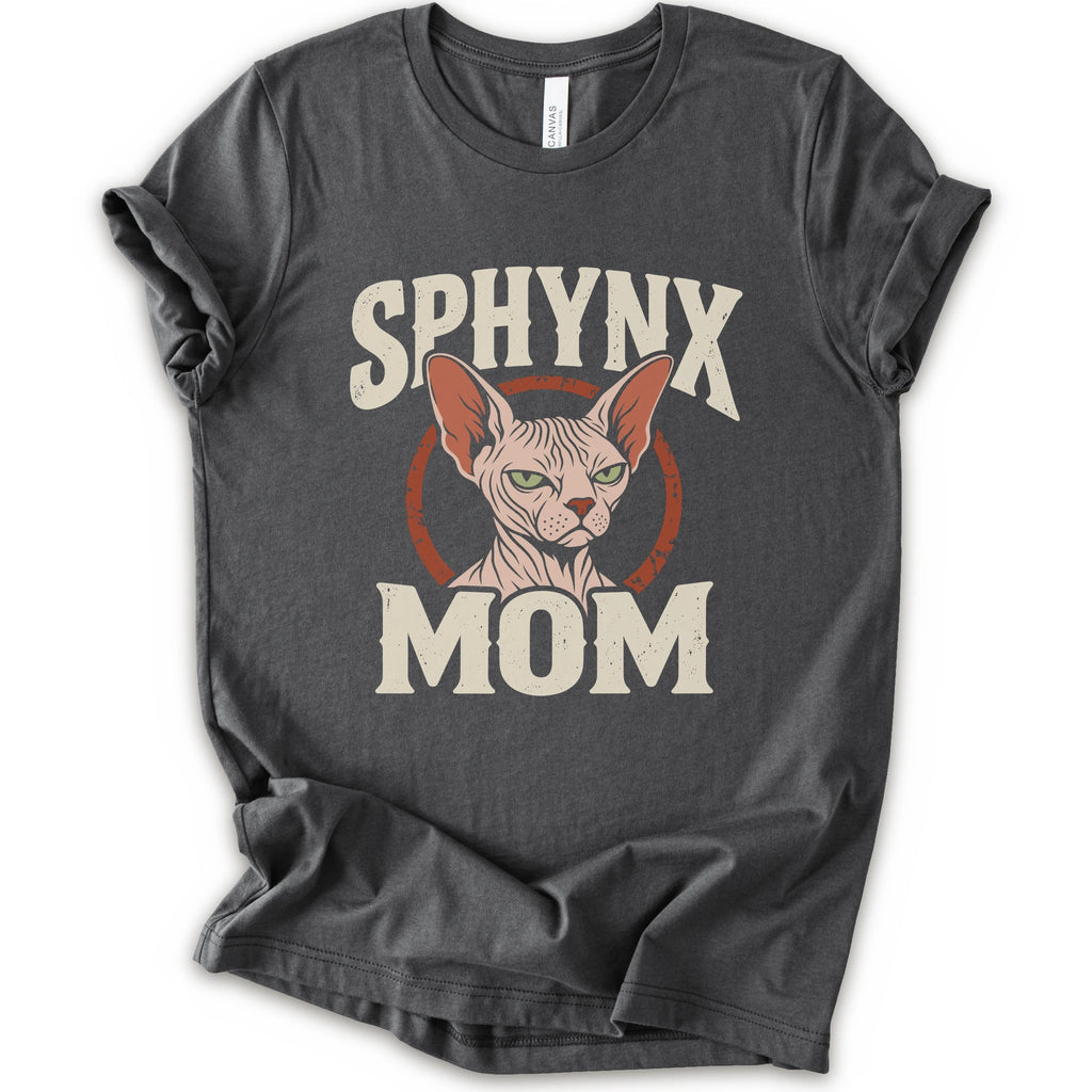 An asphalt short-sleeve crewneck t-shirt with a graphic print of a Sphynx cat and the text 'SPHYNX MOM' in distressed cream lettering.