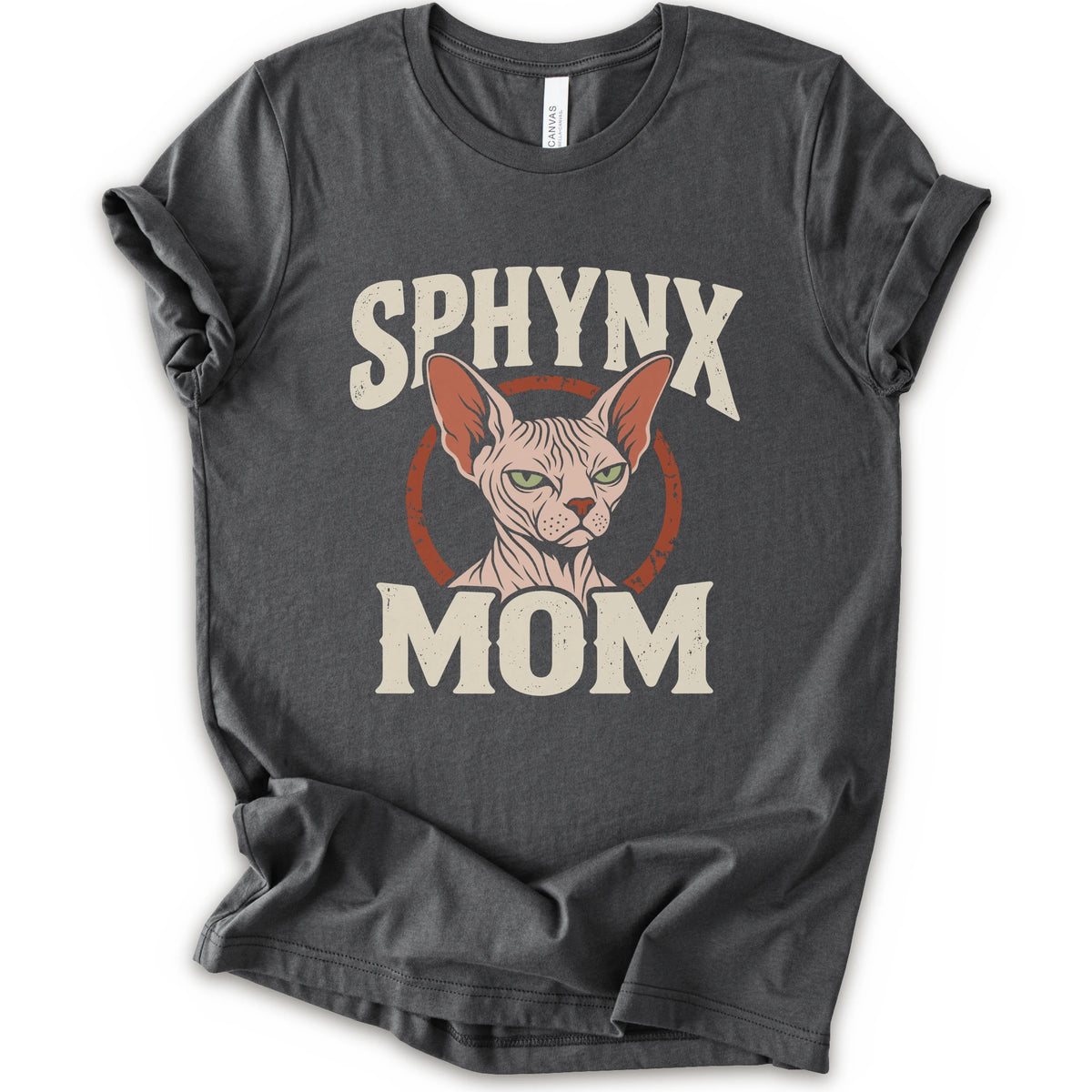 An asphalt short-sleeve crewneck t-shirt with a graphic print of a Sphynx cat and the text 'SPHYNX MOM' in distressed cream lettering.