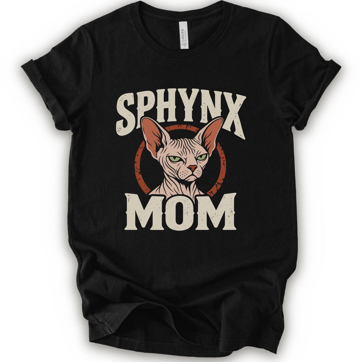 A black short-sleeve crewneck t-shirt with a graphic print of a Sphynx cat and the text 'SPHYNX MOM' in distressed cream lettering.