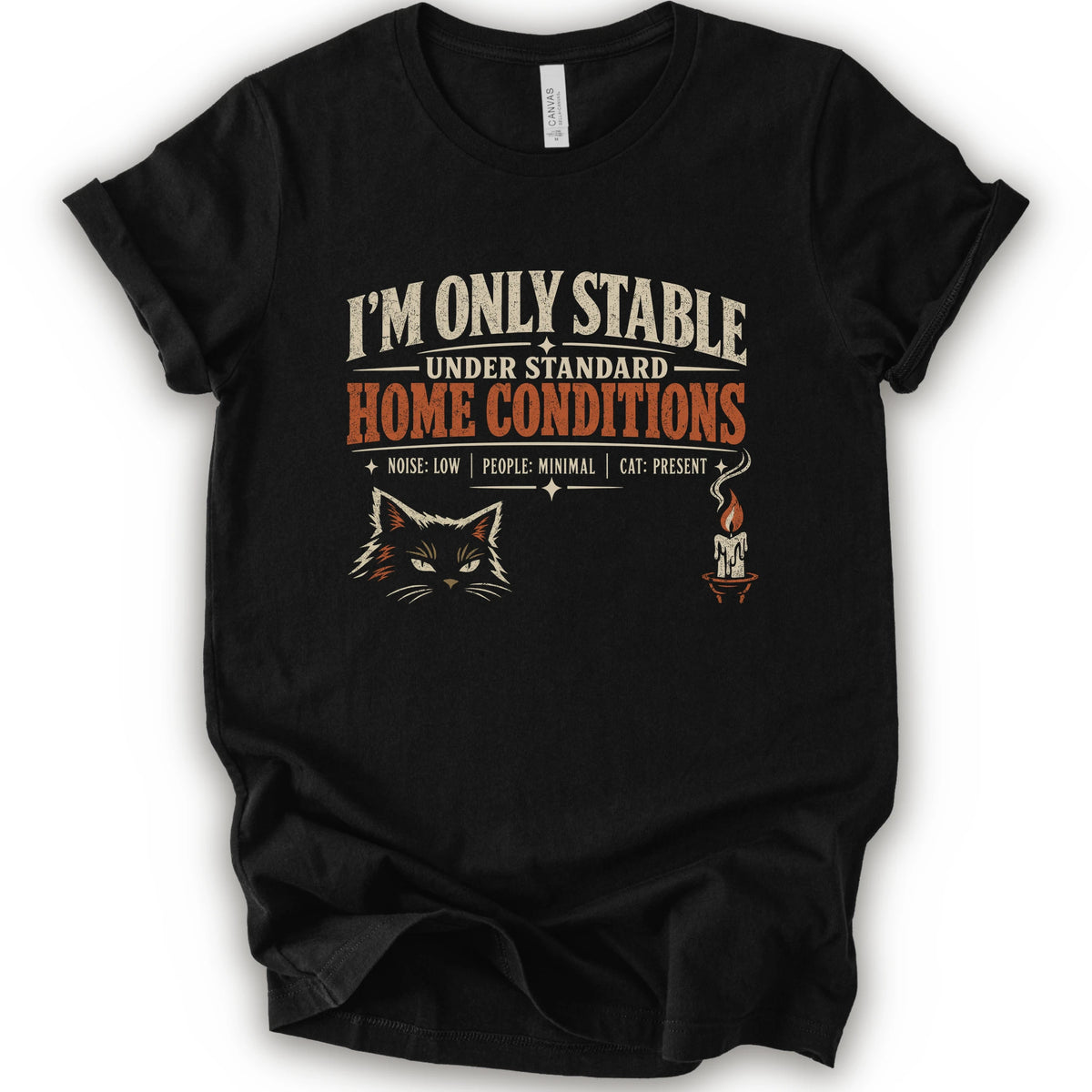 A black short-sleeve graphic t-shirt features a humorous cat-themed print that reads 'I'M ONLY STABLE UNDER STANDARD HOME CONDITIONS' in cream and orange lettering, accompanied by a graphic of a cat's face and a small candle with a cat inside.