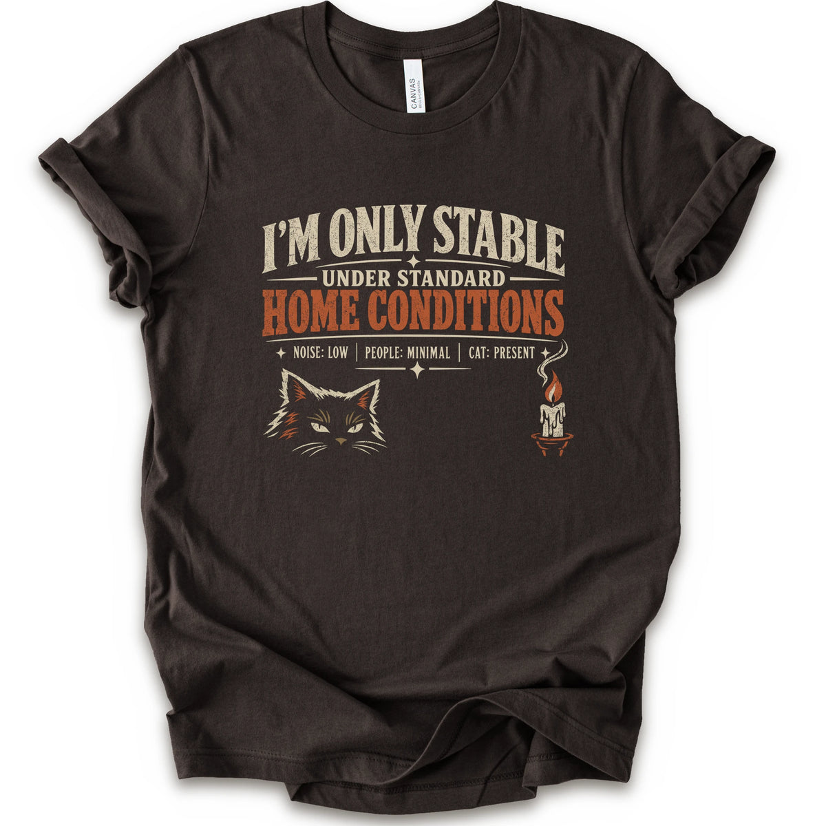 A brown short-sleeve graphic t-shirt features a humorous cat-themed print that reads 'I'M ONLY STABLE UNDER STANDARD HOME CONDITIONS' in cream and orange lettering, accompanied by a graphic of a cat's face and a small candle with a cat inside.
