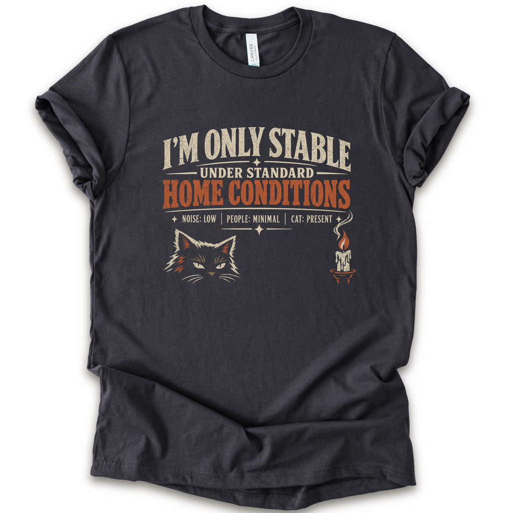 A dark grey short-sleeve graphic t-shirt features a humorous cat-themed print that reads 'I'M ONLY STABLE UNDER STANDARD HOME CONDITIONS' in cream and orange lettering, accompanied by a graphic of a cat's face and a small candle with a cat inside.