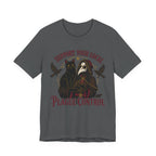 Asphalt Tee with Support Your Local Plague Control text with a black cat, plague doctor, black birds, and rat