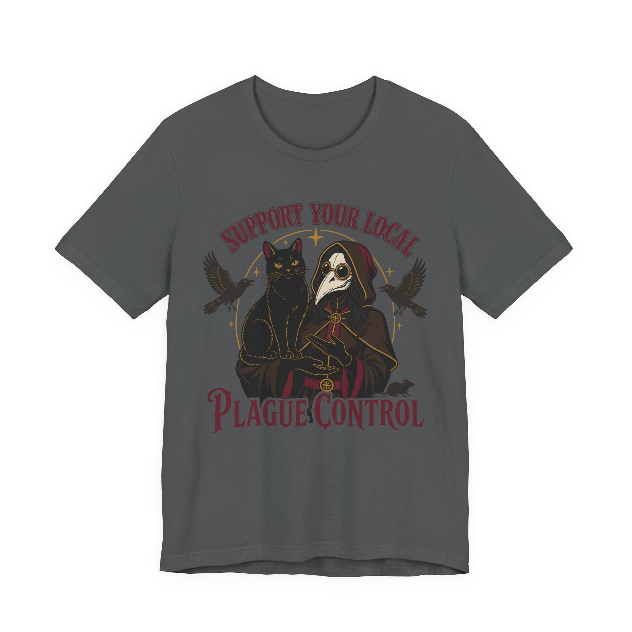 Asphalt Tee with Support Your Local Plague Control text with a black cat, plague doctor, black birds, and rat