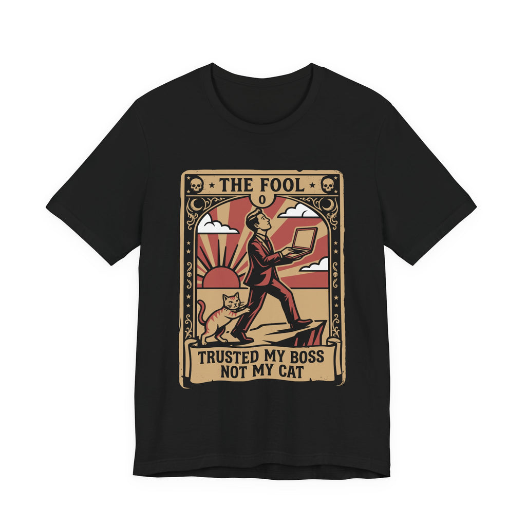 Black Tee with Vintage tarot card with a man holding a laptop, a striped cat, and text “Trusted My Boss Not My Cat”