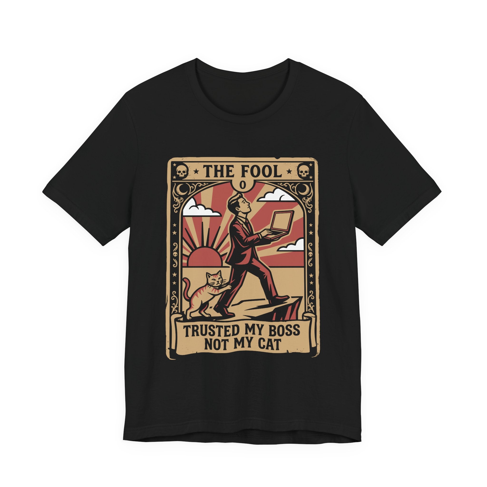 Black Tee with Vintage tarot card with a man holding a laptop, a striped cat, and text “Trusted My Boss Not My Cat”