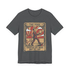 Grey Tee with Vintage tarot card with a man holding a laptop, a striped cat, and text “Trusted My Boss Not My Cat”