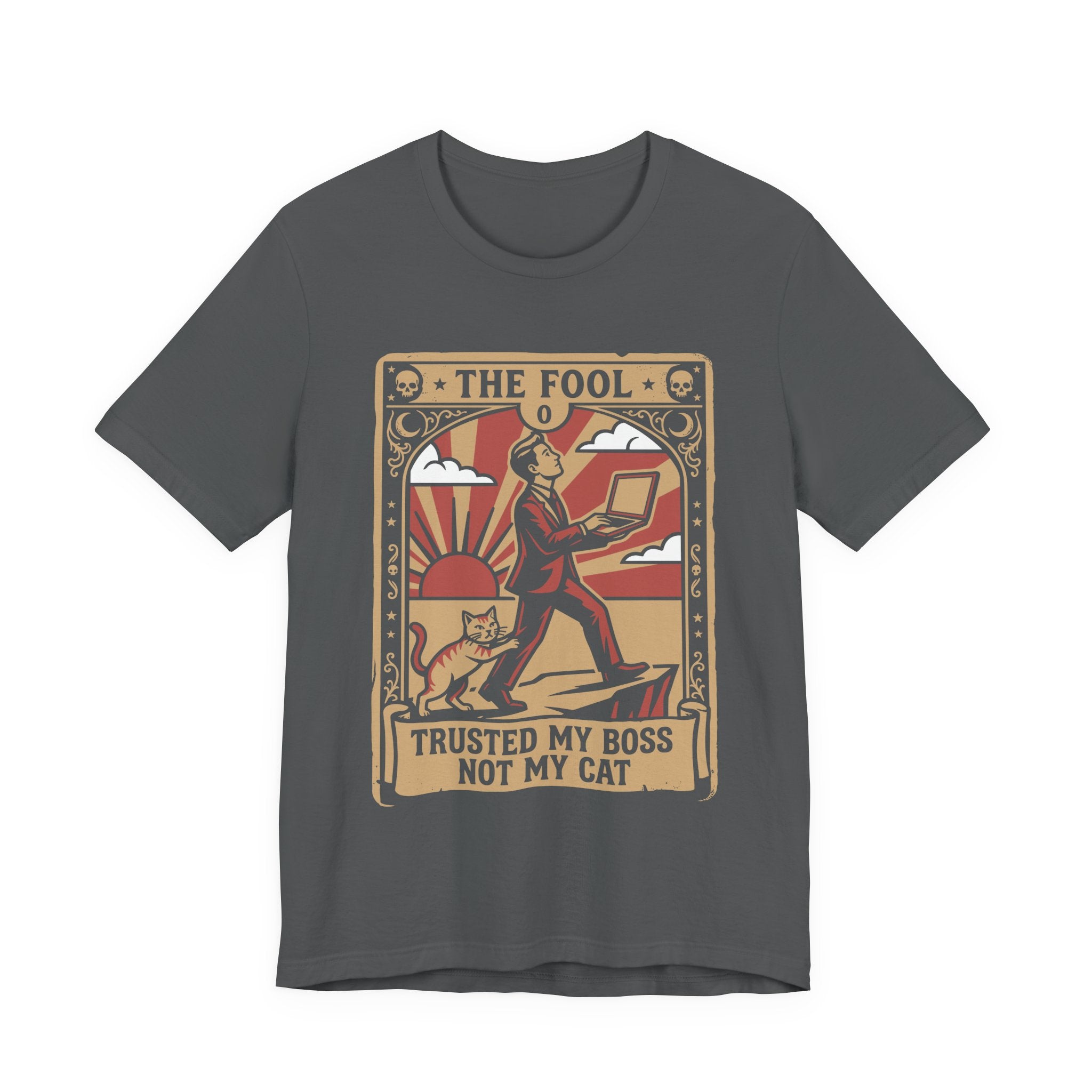 Grey Tee with Vintage tarot card with a man holding a laptop, a striped cat, and text “Trusted My Boss Not My Cat”