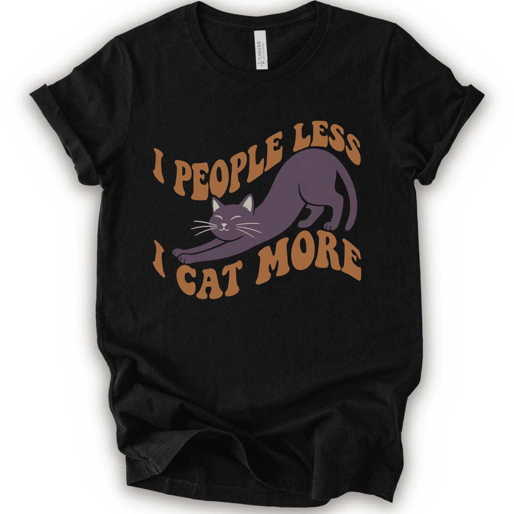 A black short-sleeve crewneck t-shirt with a graphic of a stretching purple cat and the text 'I PEOPLE LESS I CAT MORE' in dark orange.